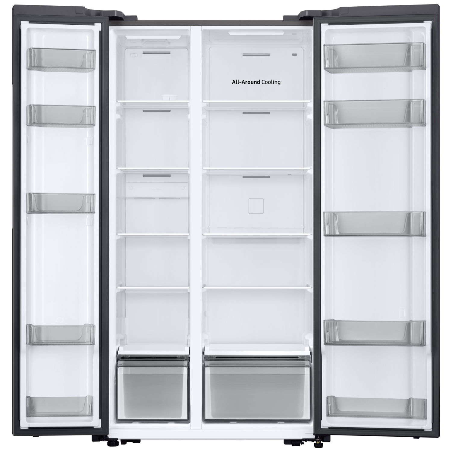 An open, empty side-by-side refrigerator with gray shelves and drawers.
