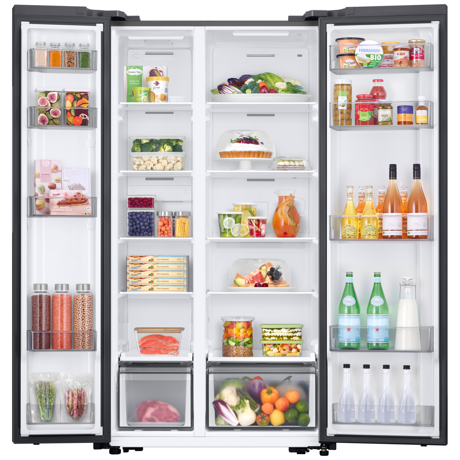 An open refrigerator stocked with food on both sides, including fruits, vegetables, drinks, and prepared meals.