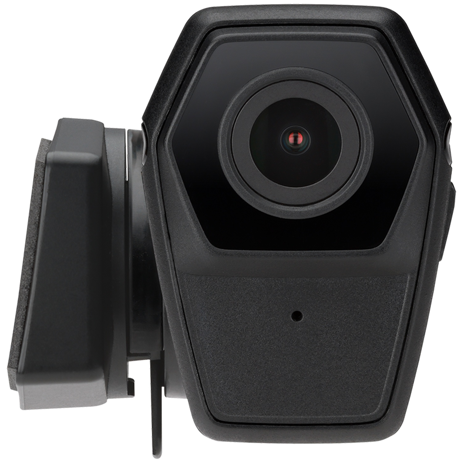 Zwarte hexagonale camera met lens en houder.