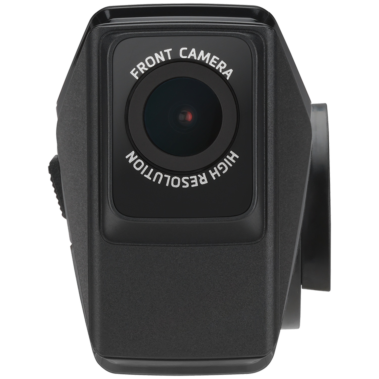 Zwarte dashcam met lens, tekst: FRONT CAMERA HIGH RESOLUTION.