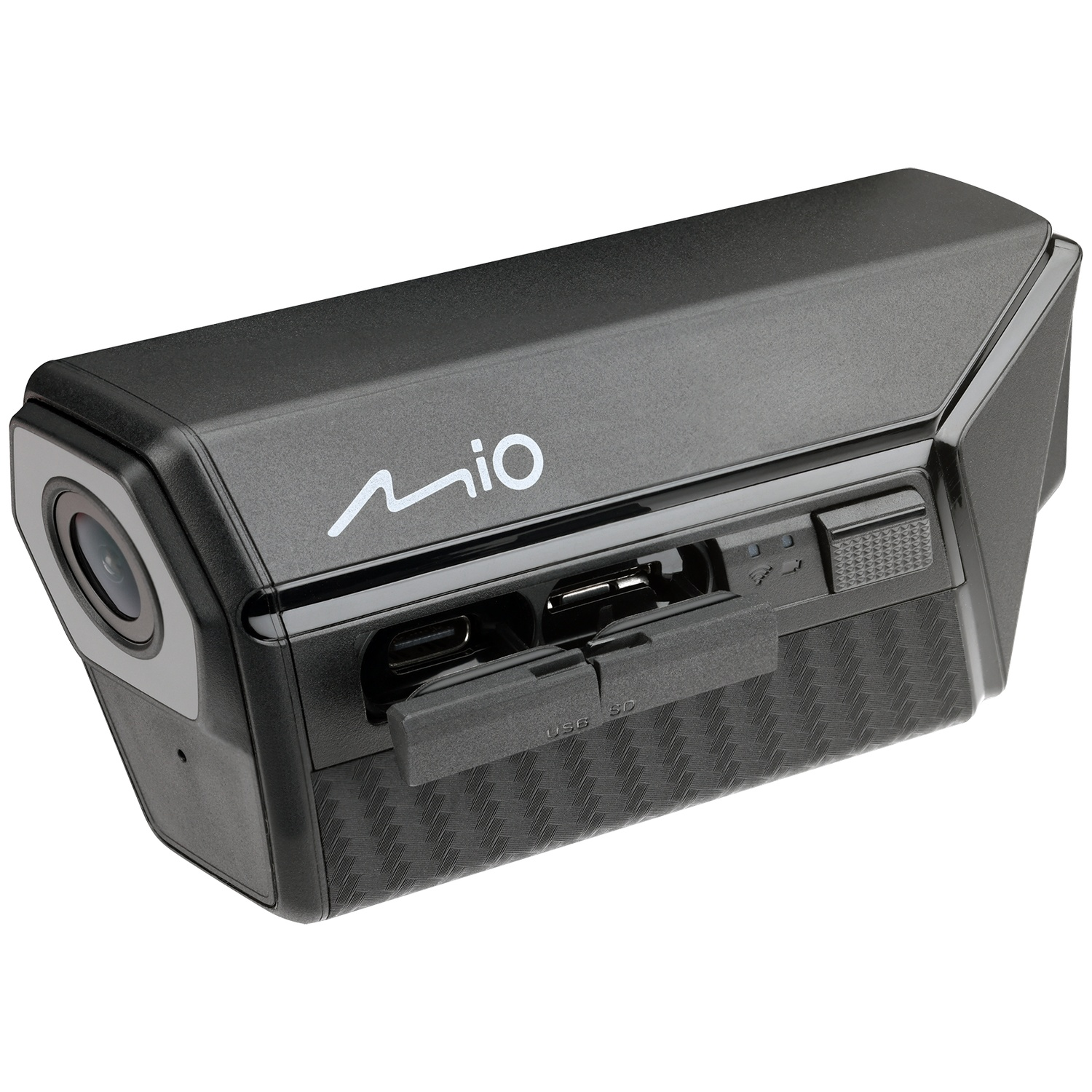 Zwarte Mio dashcam met open USB en SD-kaartpoorten.