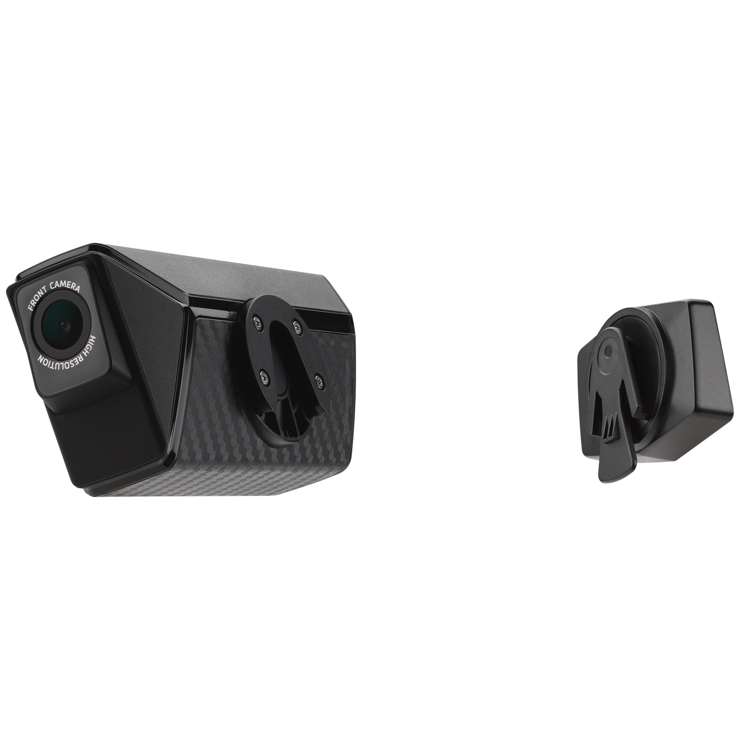 Zwarte frontcamera met "HIGH RESOLUTION" tekst en aparte houder.