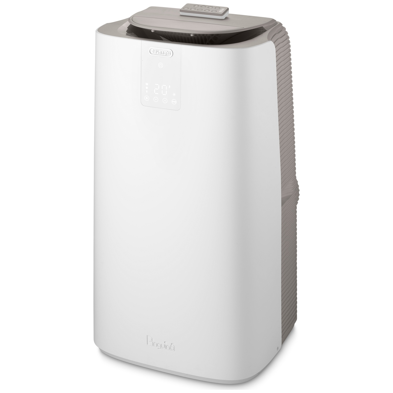 A white DeLonghi portable air conditioner with a digital display and remote.