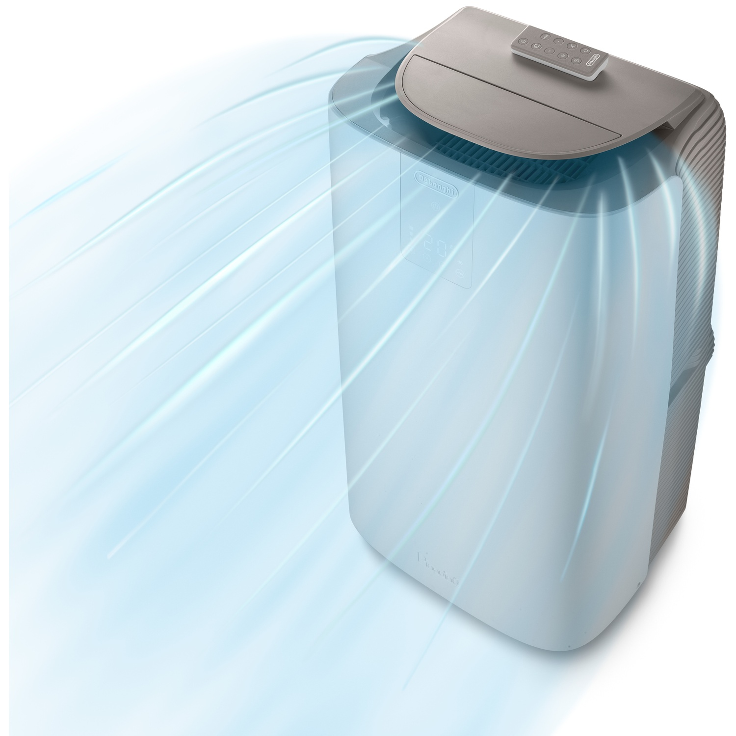 A gray DeLonghi air cooler with remote and blue air streams.
