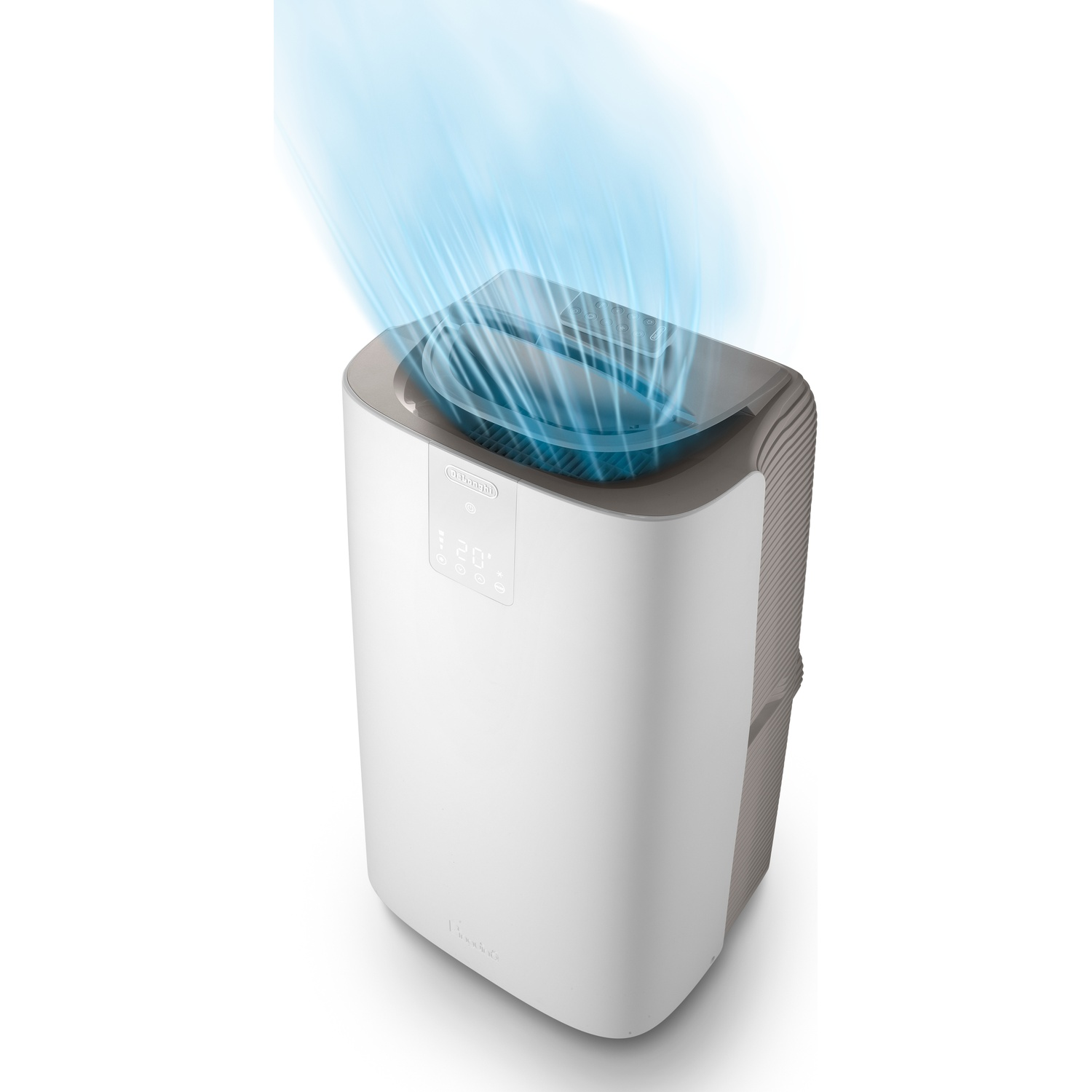 A white DeLonghi air conditioner emits blue air streams from its top.
