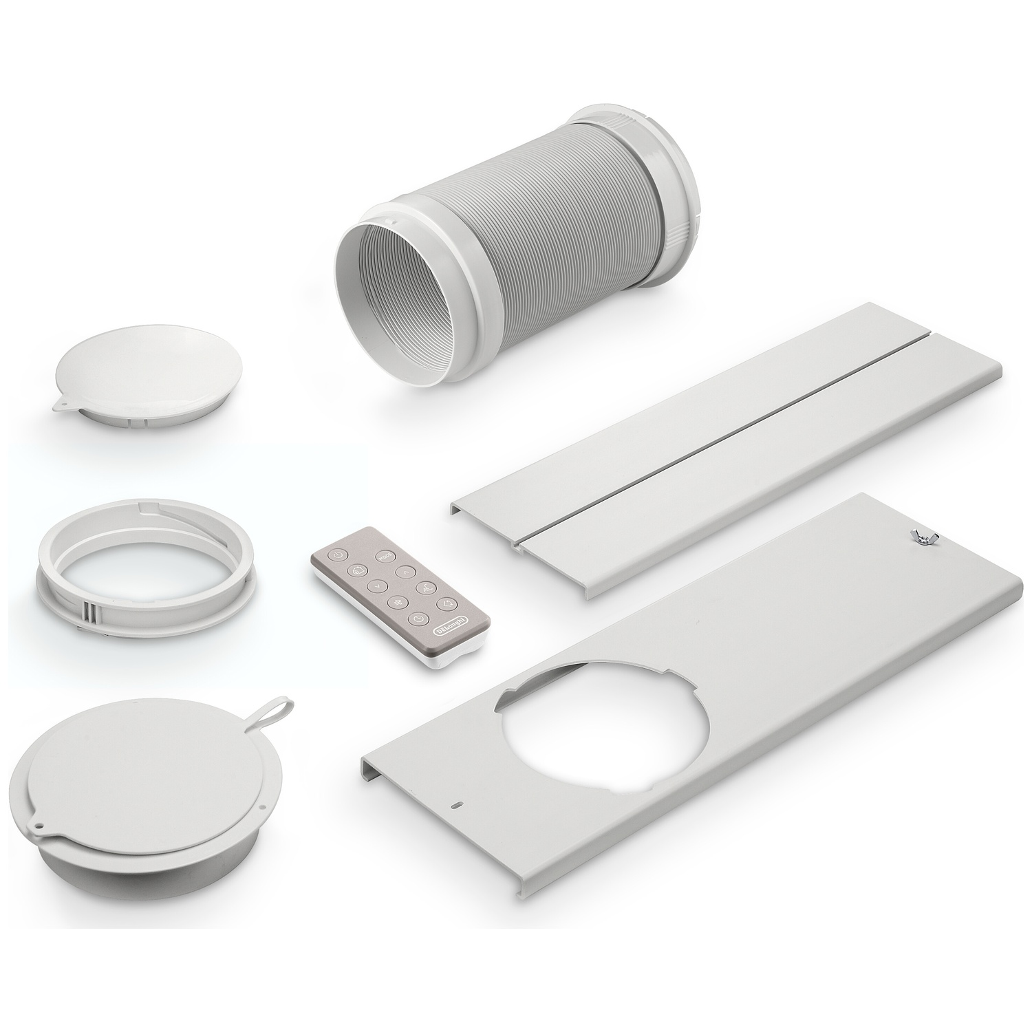 A flexible hose, window adapter, remote control, and covers are laid out.