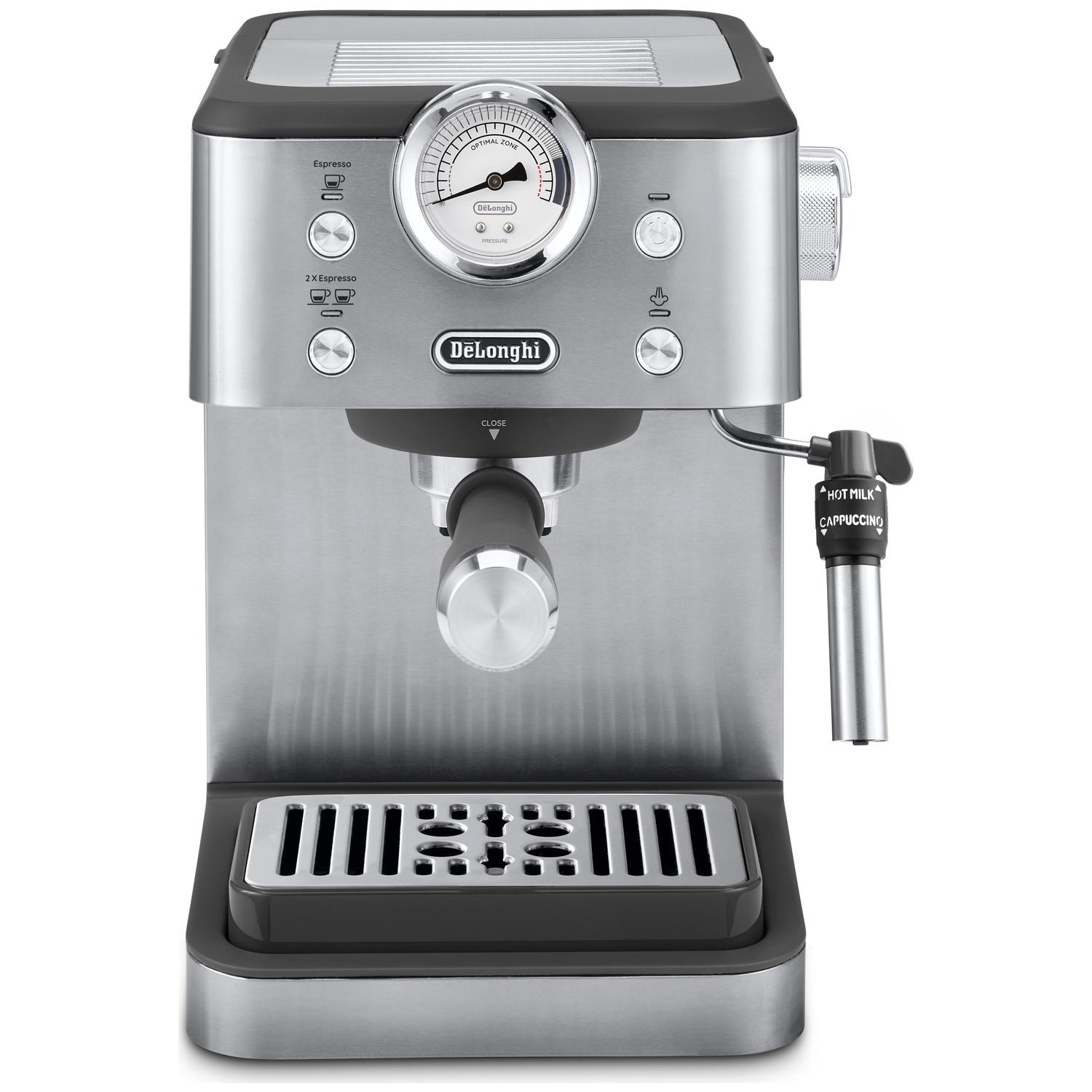 A silver DeLonghi espresso machine with a pressure gauge and steam wand.
