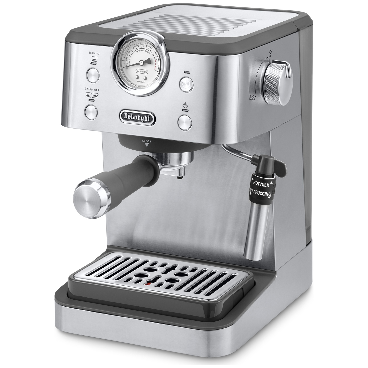 A silver DeLonghi espresso machine with a black handle and pressure gauge.
