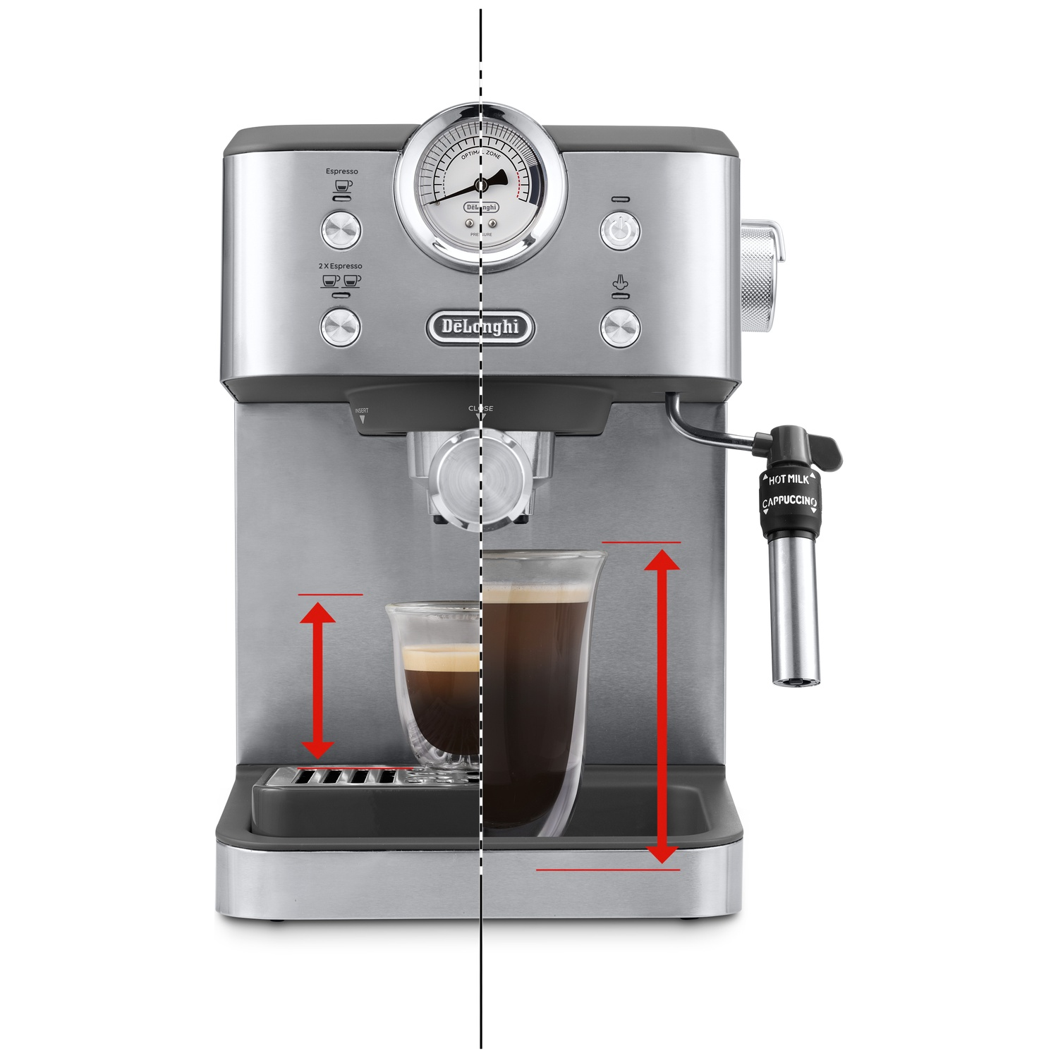 A silver espresso machine with a glass of coffee and measurements.