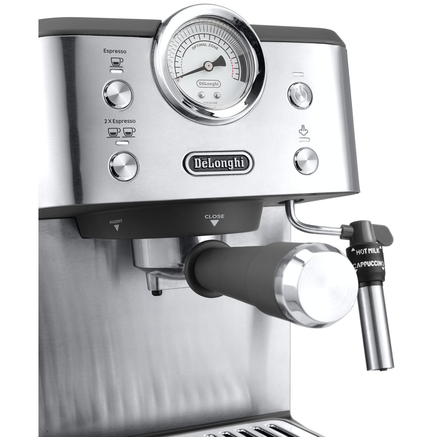 Stainless steel espresso machine with pressure gauge and hot milk/cappuccino steam wand.