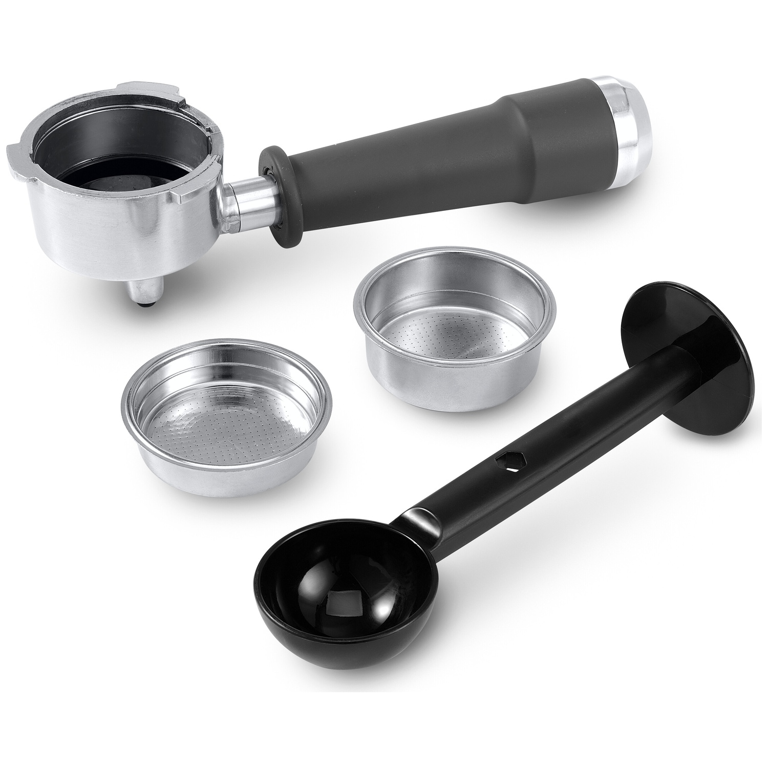 Portafilter, two filter baskets, and a black scoop on white.