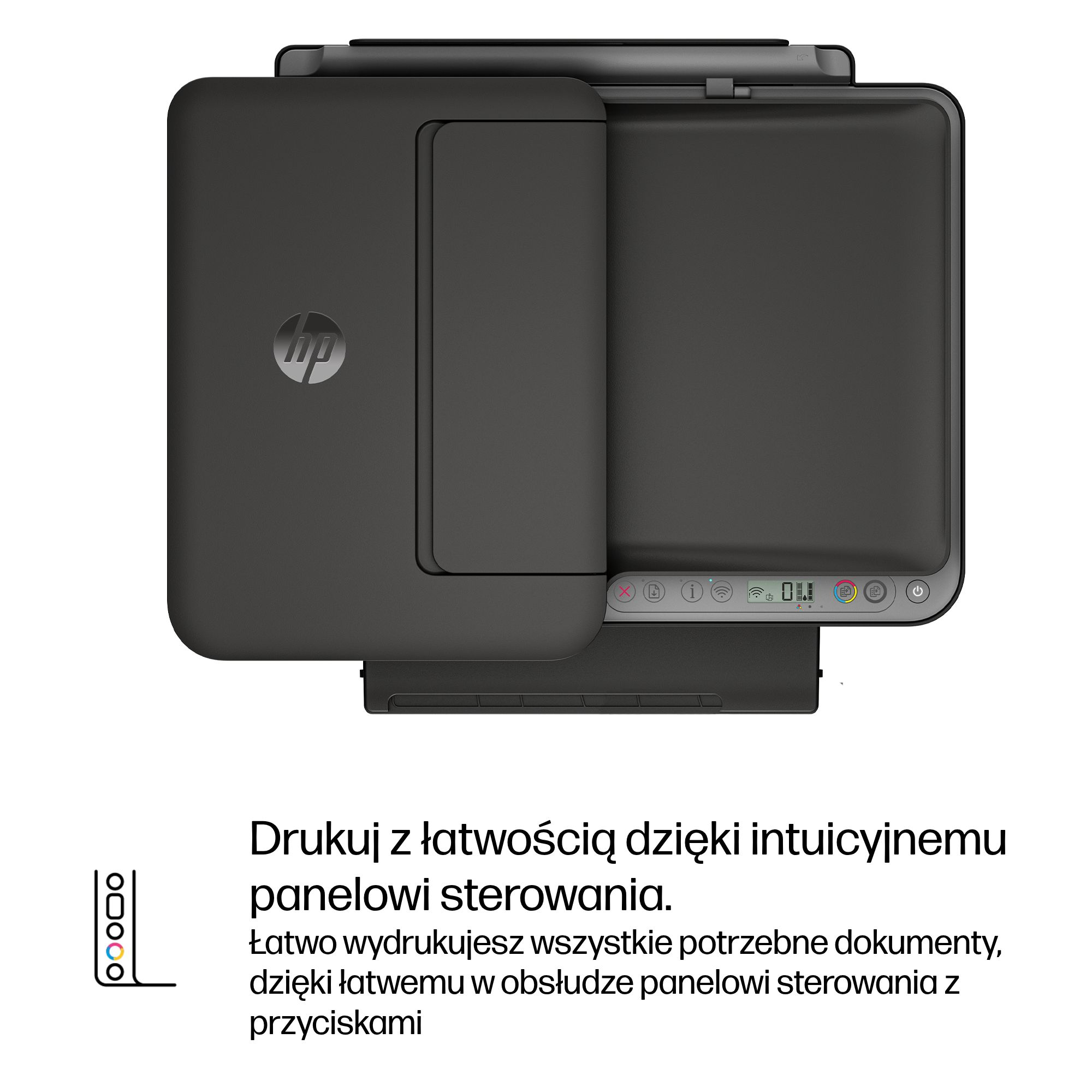 Czarna drukarka HP z panelem sterowania i logo HP.