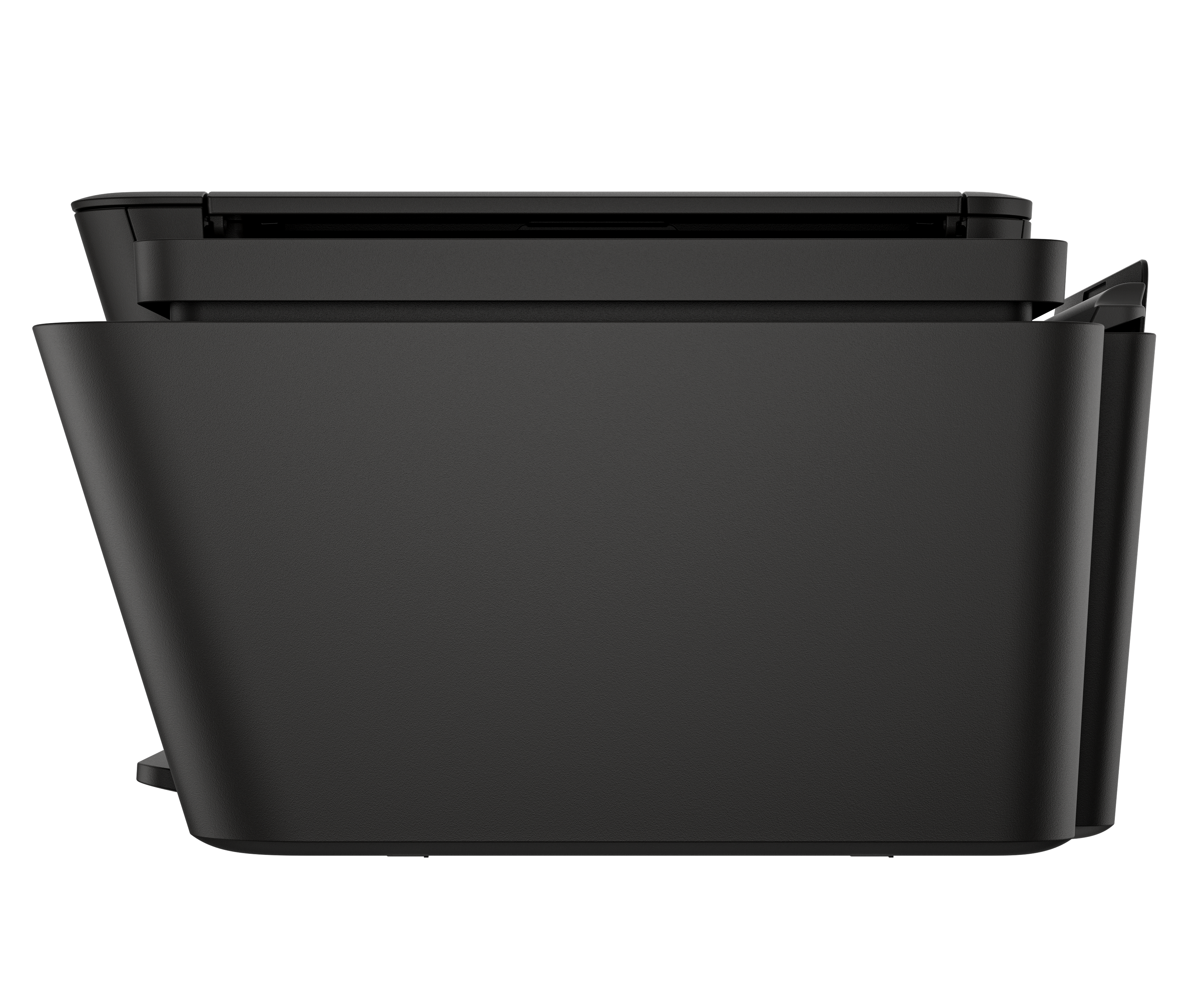 Czarna drukarka widziana z boku, z czystymi liniami i gładkim wykończeniem.