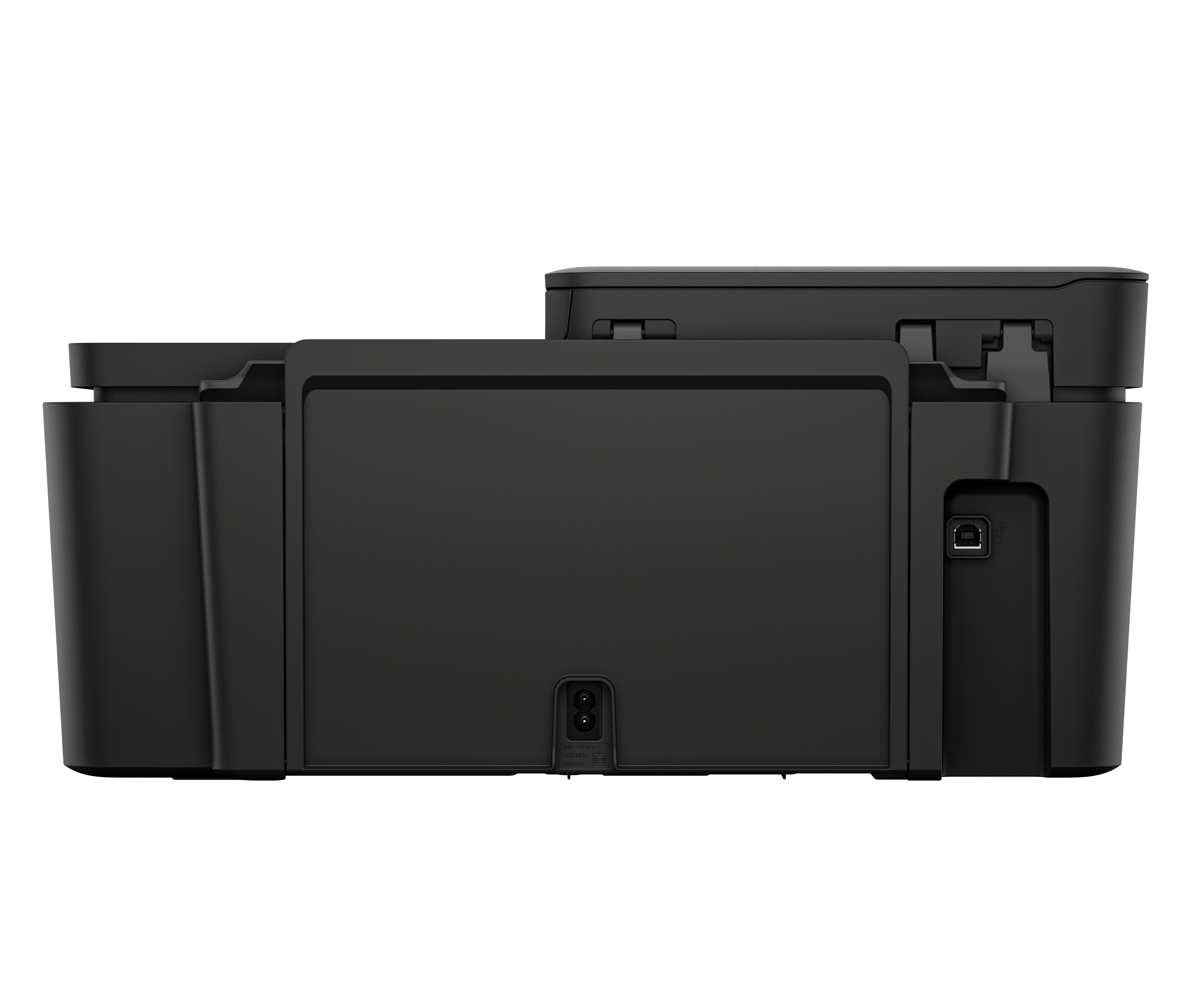 Czarna drukarka widziana z boku, z portem USB i złączem zasilania.