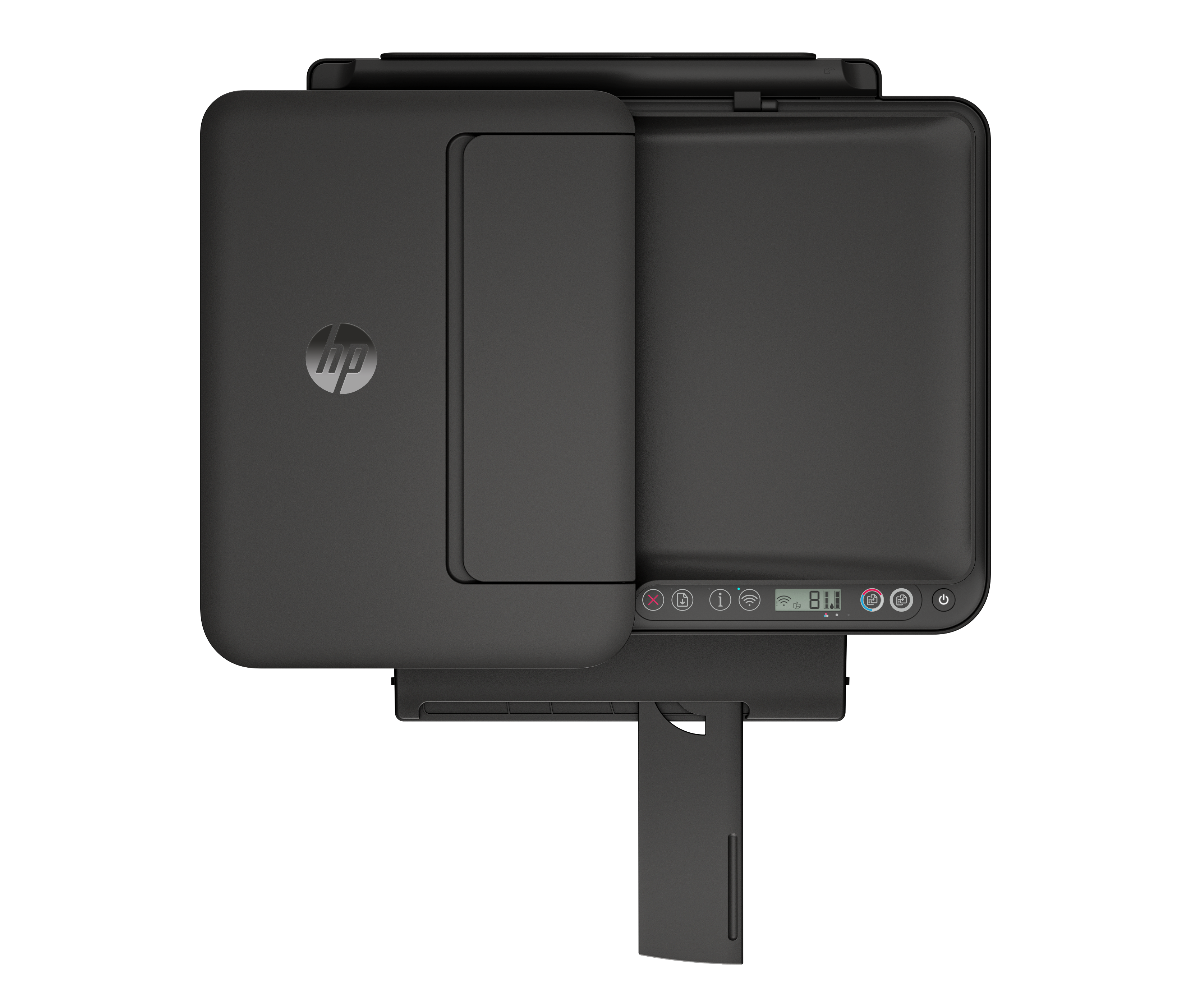 Czarna drukarka HP z góry z wysuniętą tacą papieru i panelem sterowania.