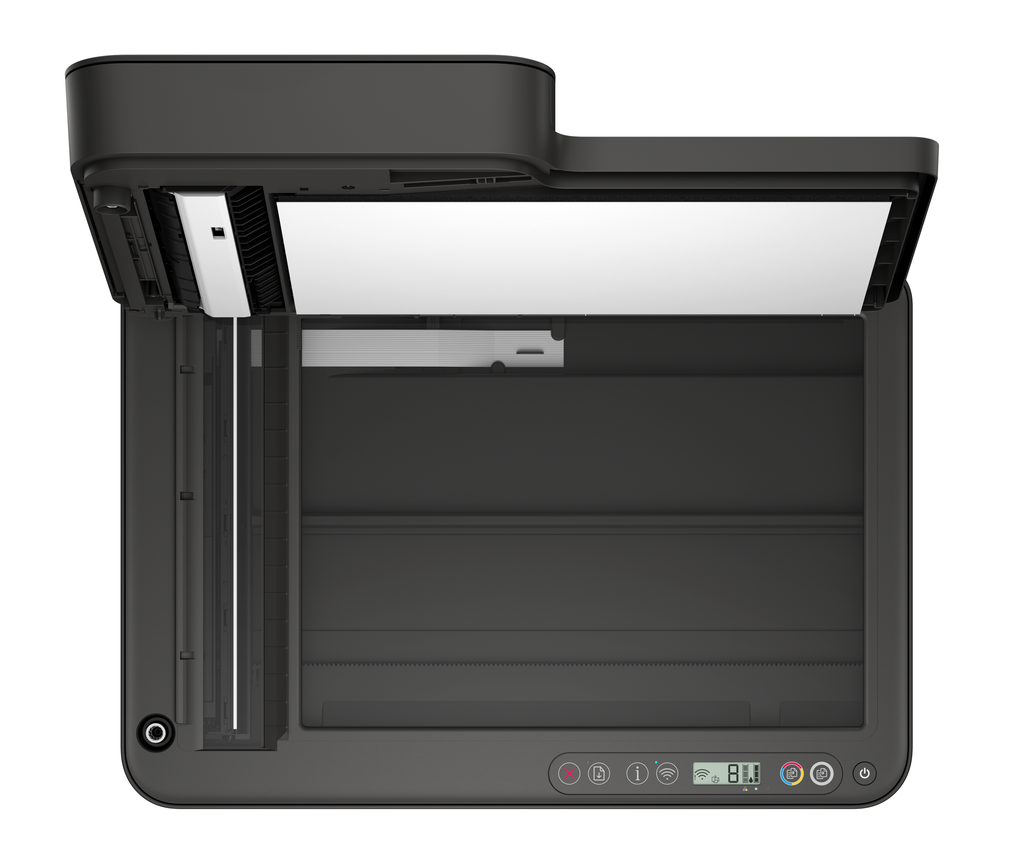 Czarna drukarka z otwartą pokrywą skanera, ukazującą białą powierzchnię skanowania.
