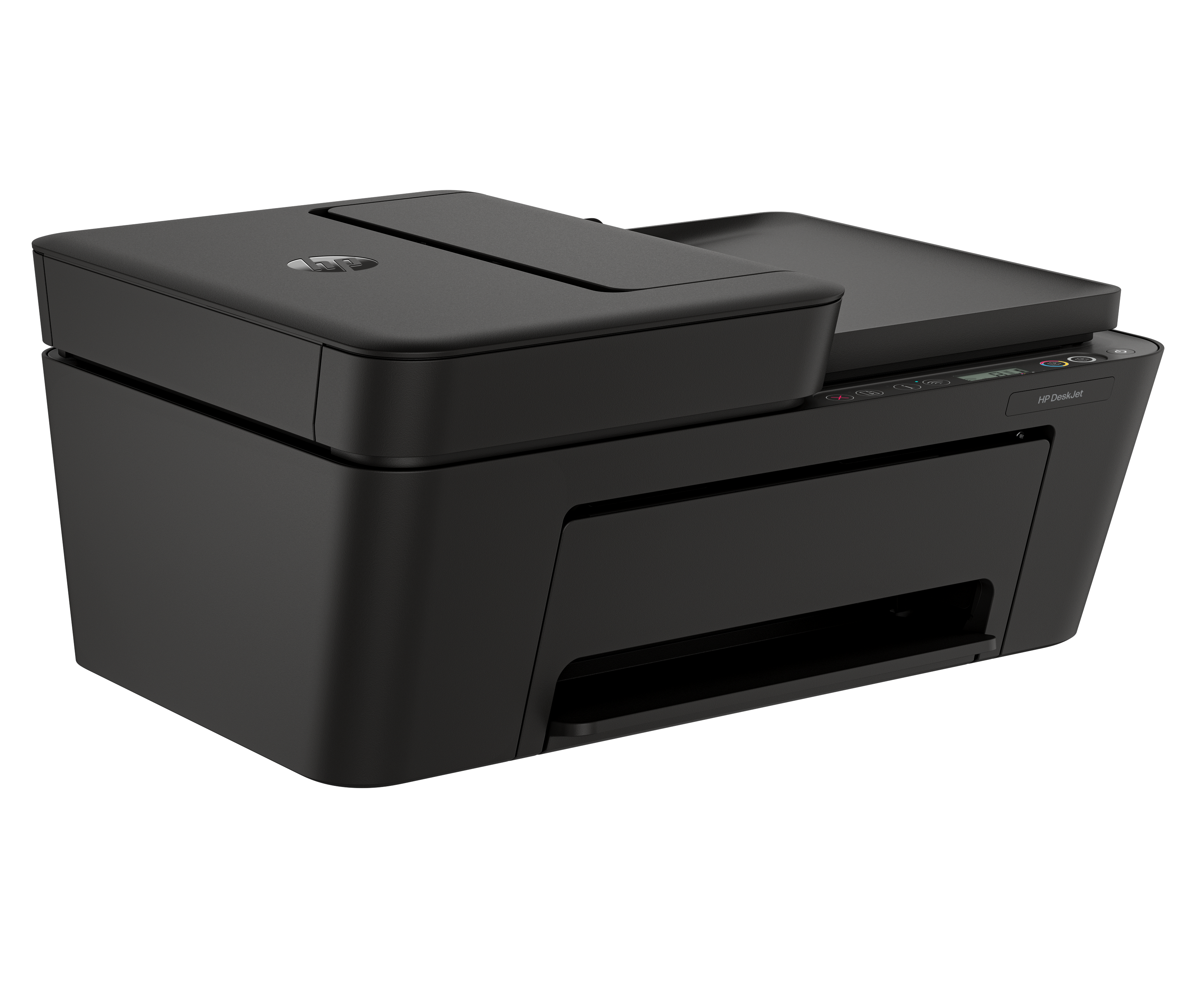 Czarna drukarka HP ze skanerem i kopiarką, na białym tle.