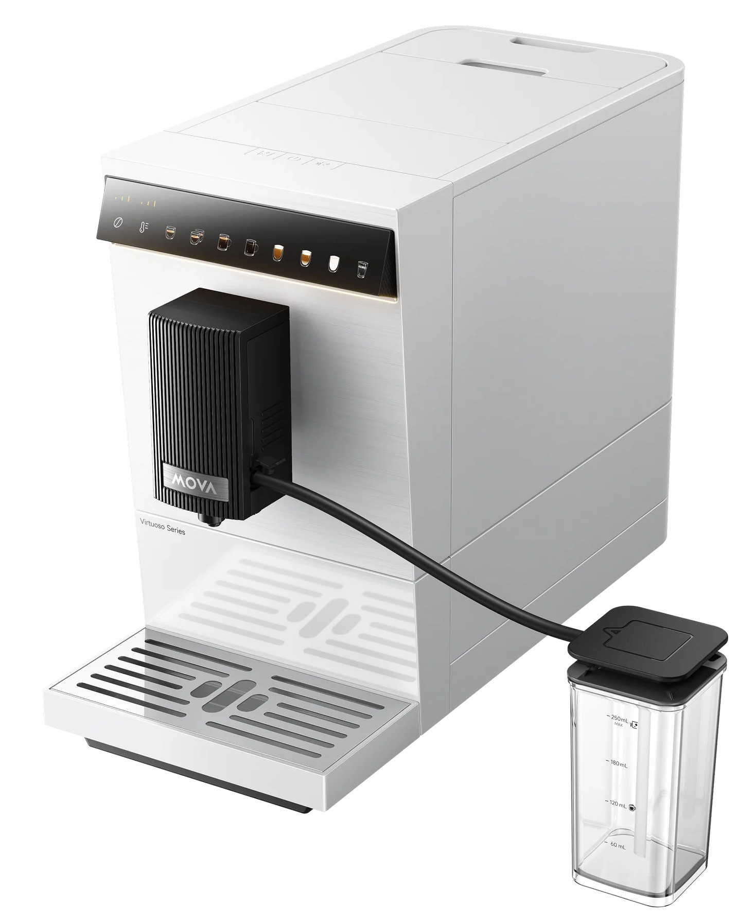 Biała maszyna do kawy z czarnym spieniaczem mleka i zbiornikiem wody.