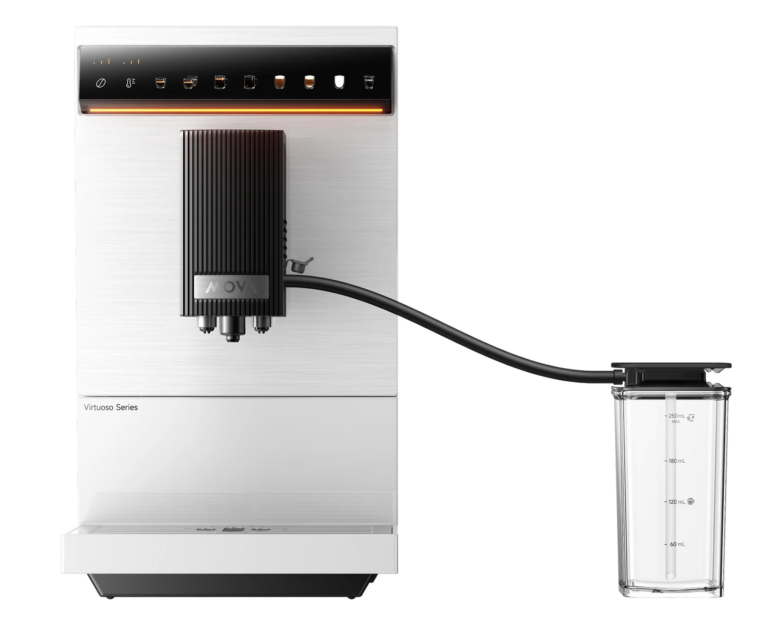 Nowoczesny biały ekspres do kawy z czarną wylewką i przezroczystym dzbankiem na mleko.