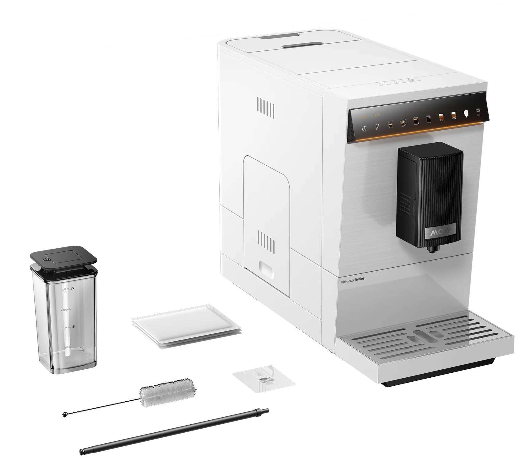 Biały ekspres do kawy z akcesoriami: zbiornik na wodę, szczotka, rurka.