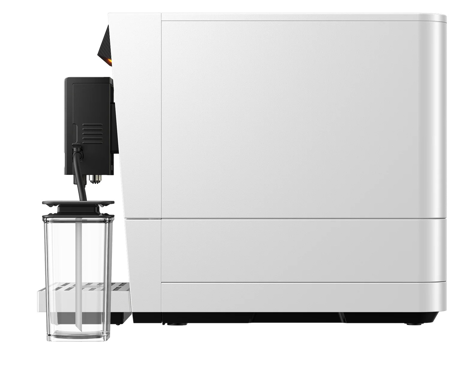 Biała maszyna do kawy z przezroczystym pojemnikiem i czarną wylewką z boku.