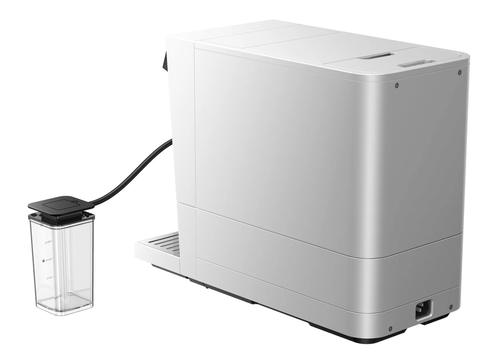 Biała maszyna do kawy z osobnym zbiornikiem na wodę i czarnym kablem.