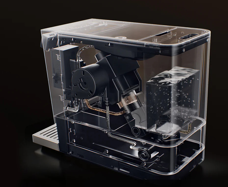 Przezroczysty ekspres do kawy z widocznymi elementami wewnętrznymi i zbiornikiem wody.