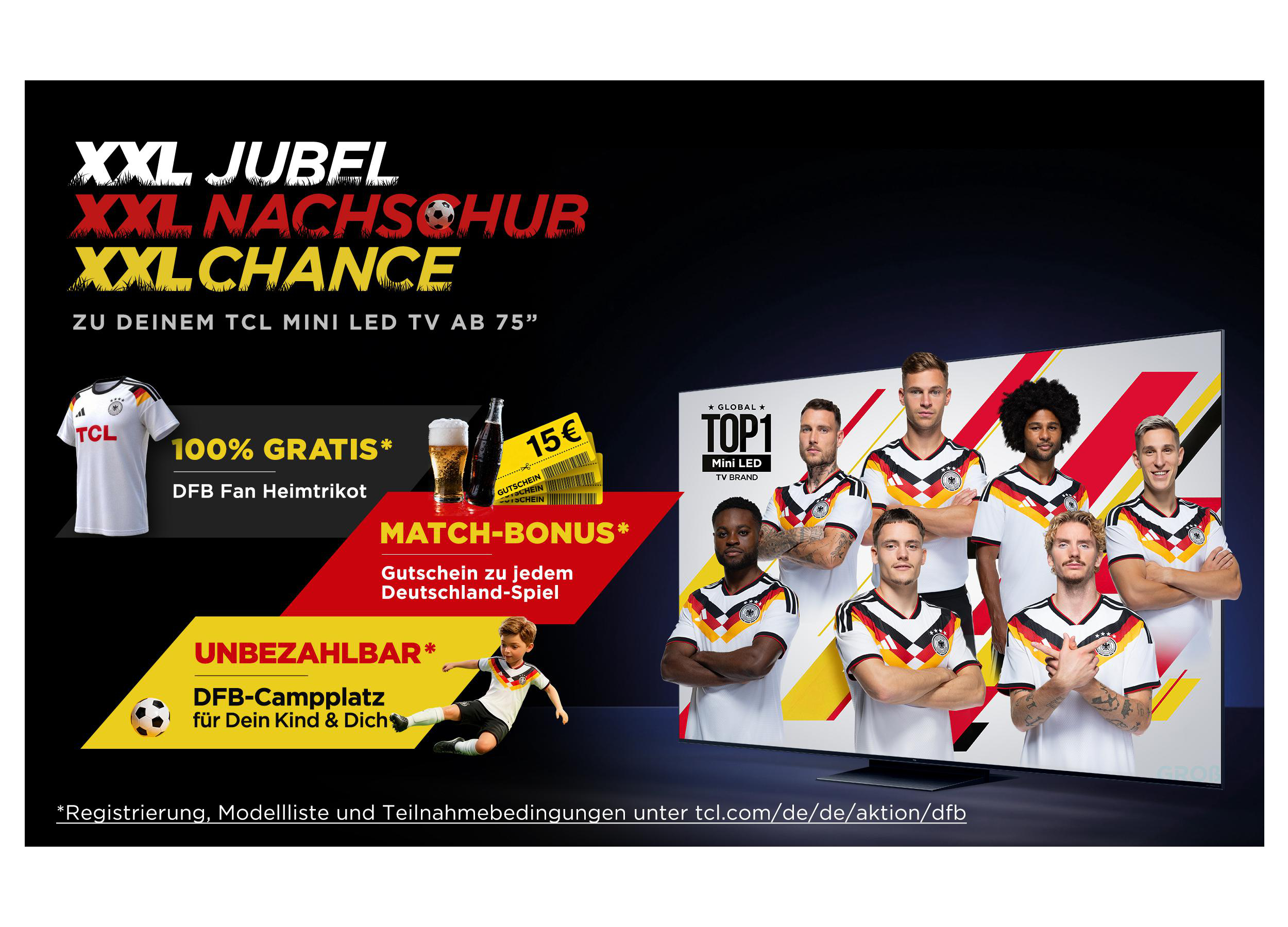 Werbung für TCL Mini LED TVs mit DFB-Trikot, Bier, Gutschein und Fußballcamp-Aktion.
