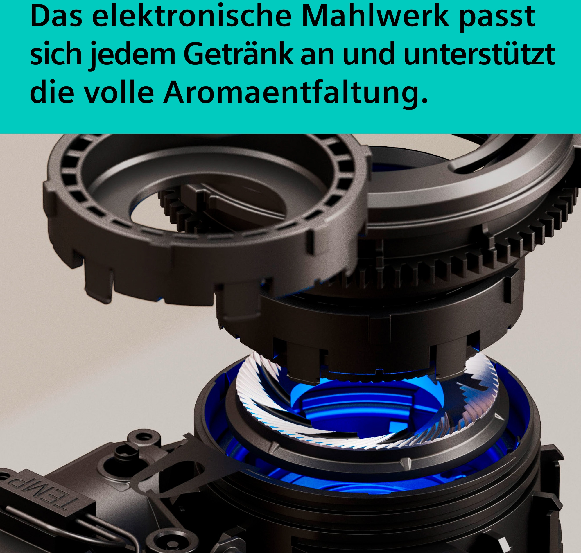 Detailansicht eines elektronischen Mahlwerks mit blau leuchtenden Elementen.