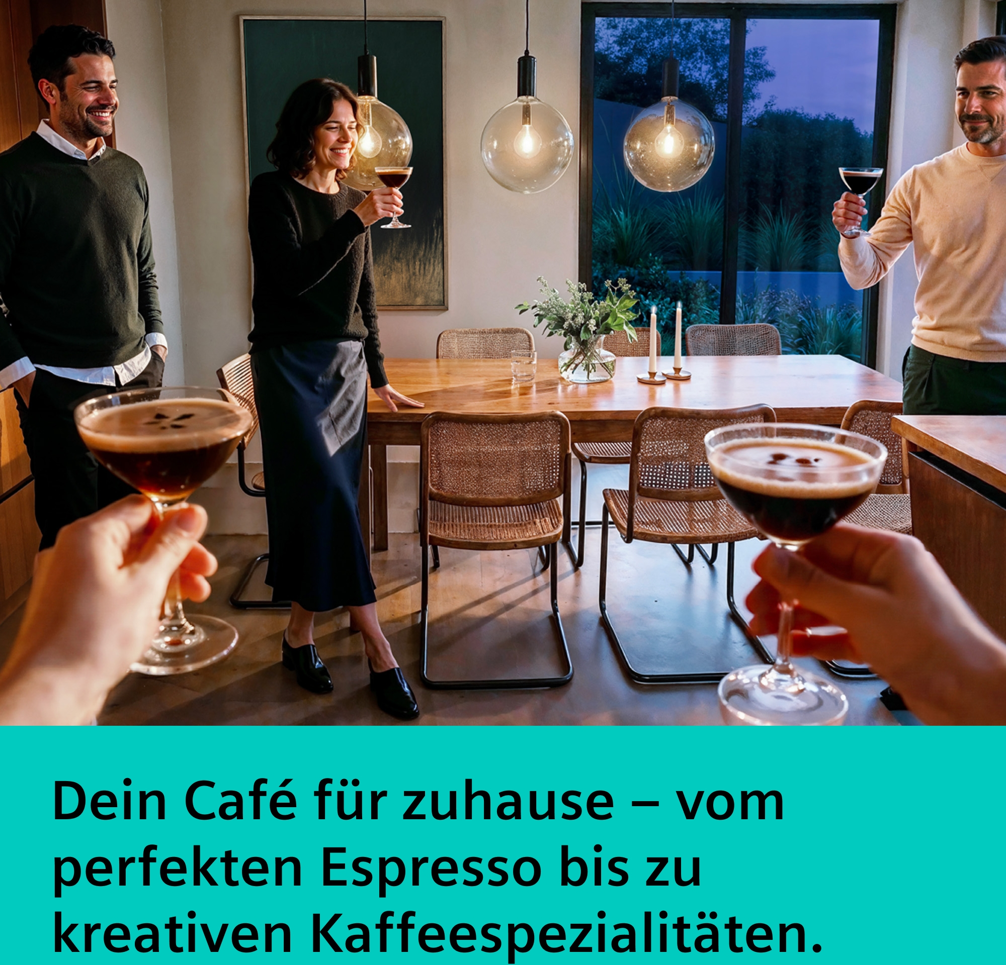 Vier Personen mit Getränken in einem stilvollen Esszimmer mit großen Glühbirnenlampen.