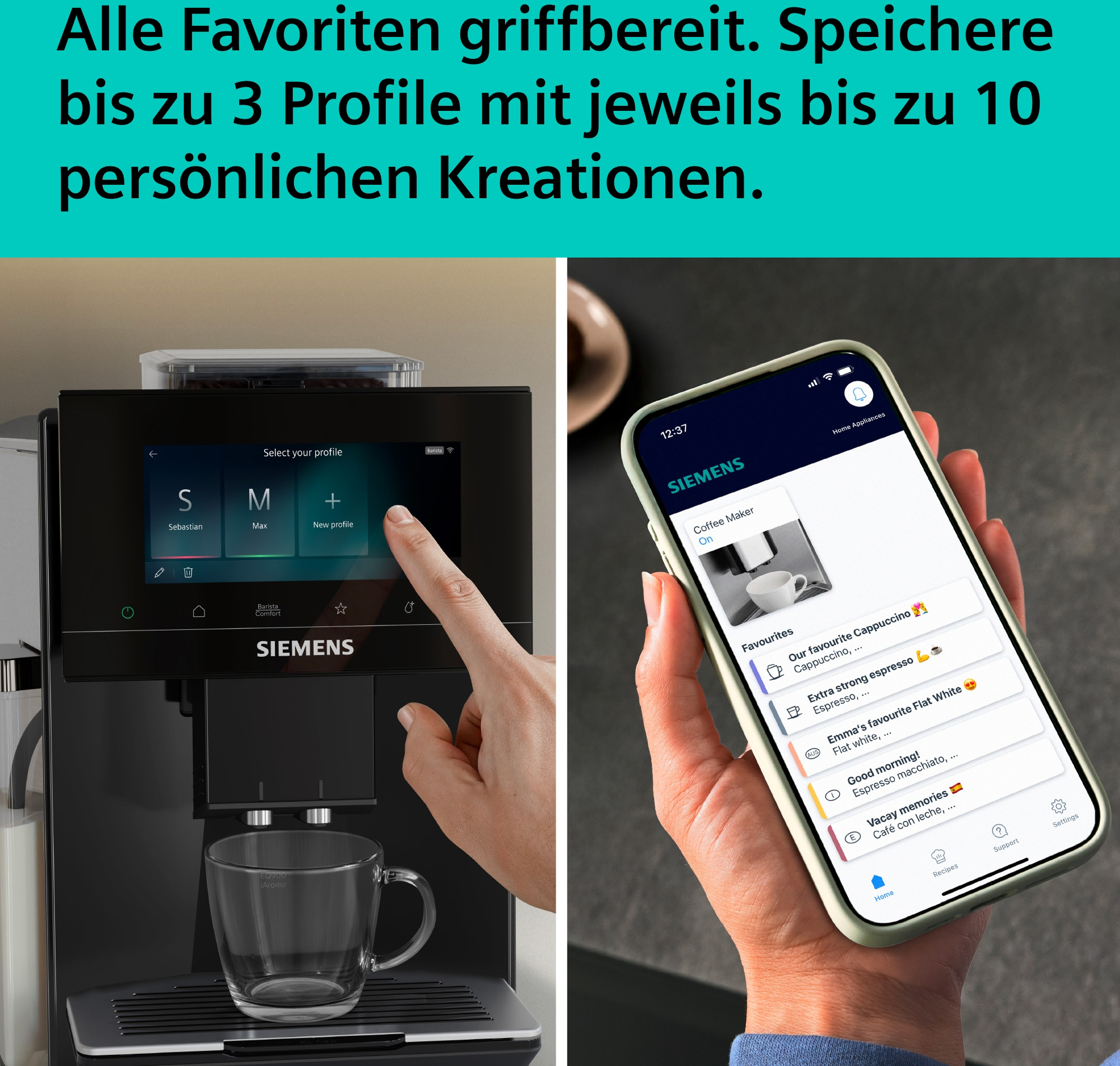 Kaffeemaschine mit Touchscreen und Handy-App, die Profile und Rezepte zeigt.