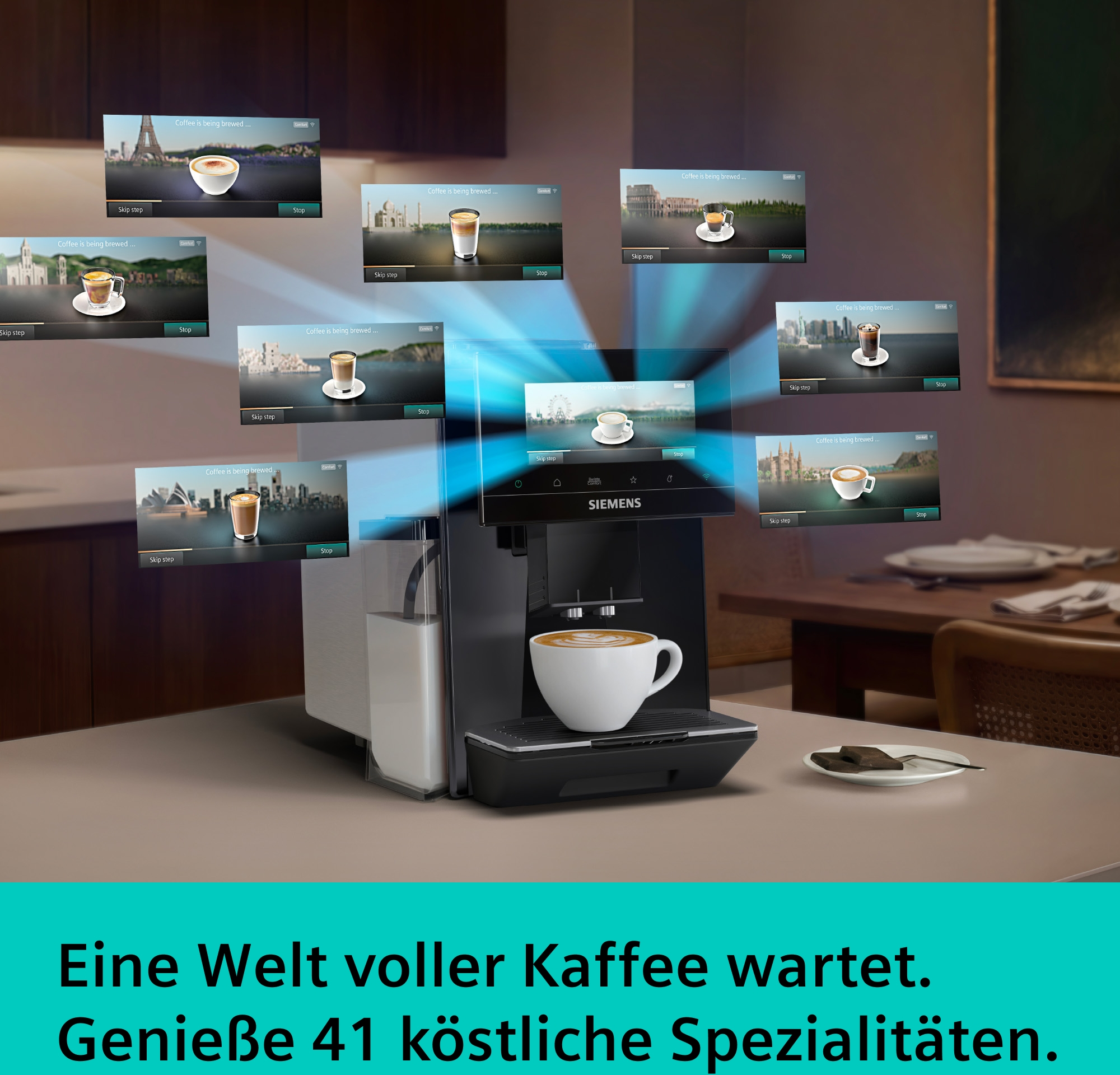 Kaffeemaschine mit Touchscreen, zeigt verschiedene Kaffeesorten an. Eine Tasse Kaffee.