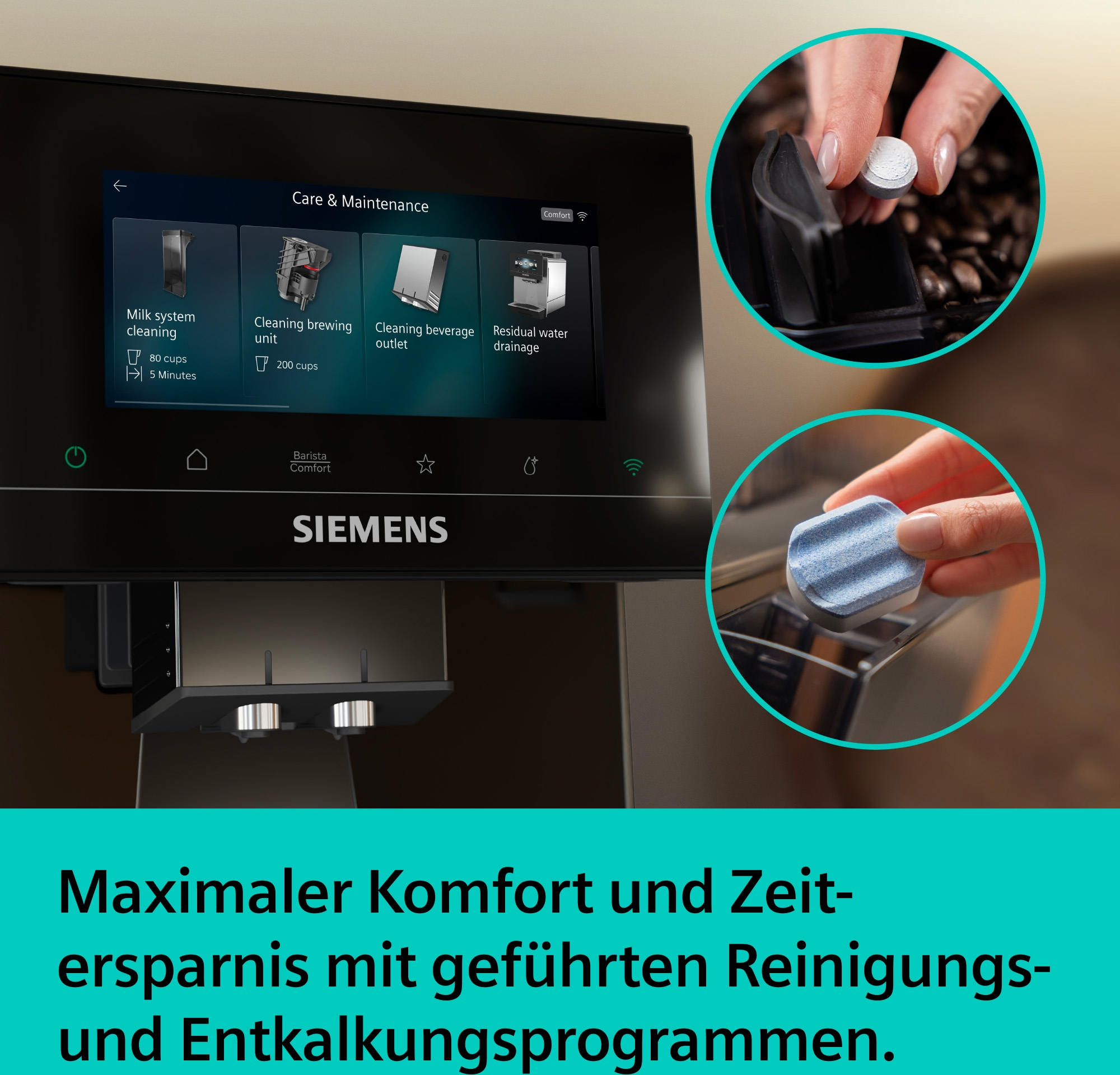 Siemens Kaffeemaschine mit Pflege- und Wartungsoptionen und Reinigungstabs.