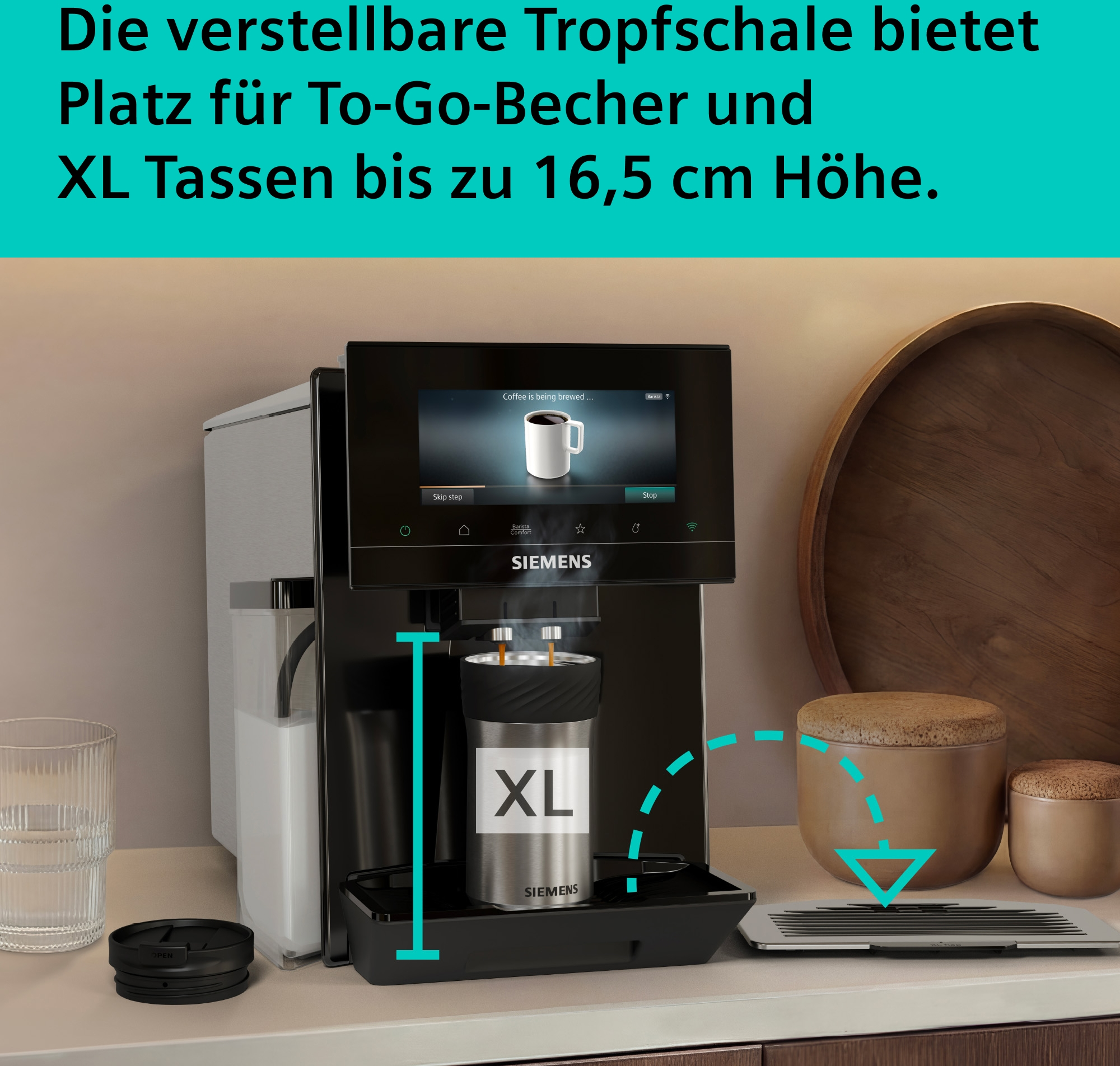 Siemens Kaffeemaschine mit XL-Becher, Tropfschale verstellbar bis 16,5 cm.