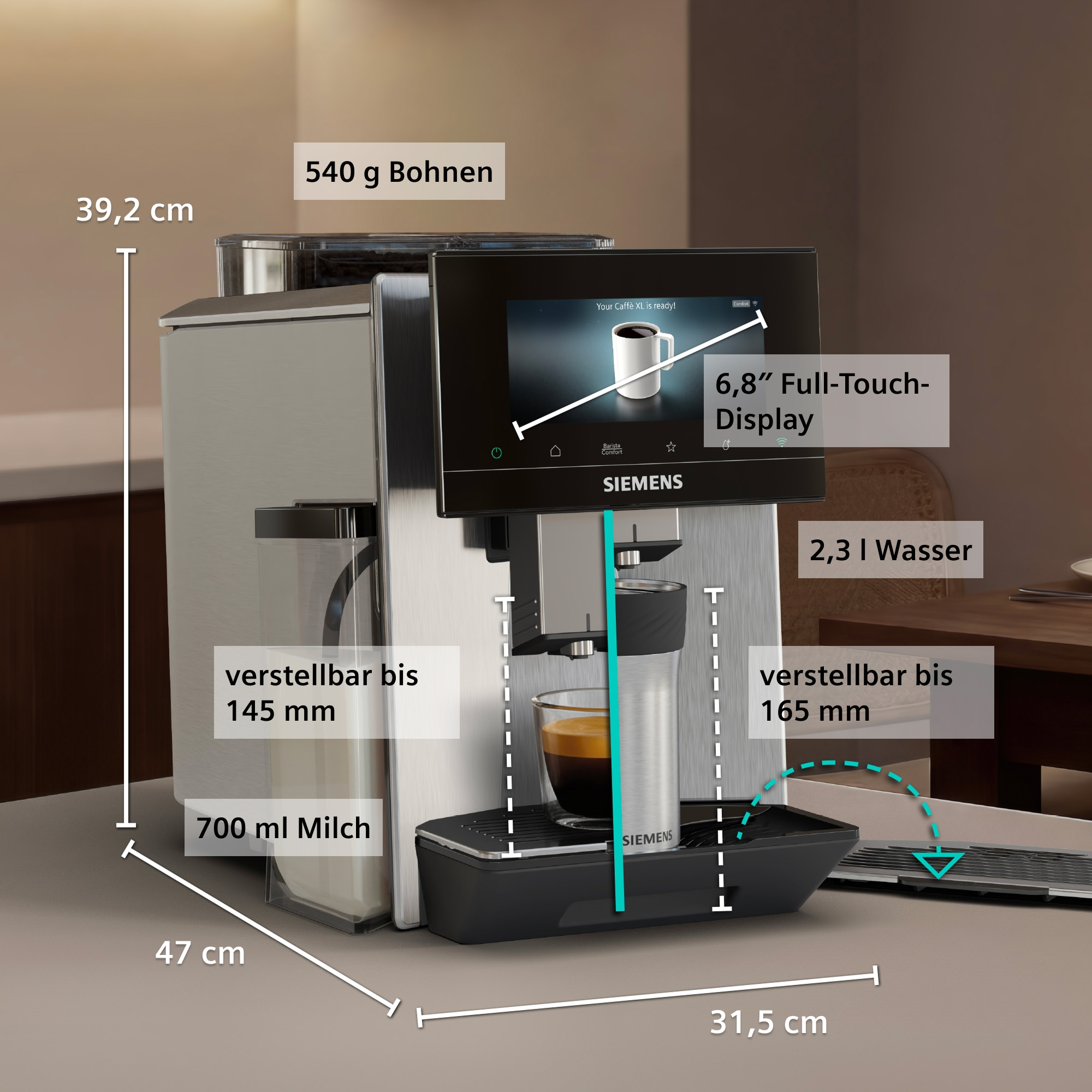 Siemens Kaffeevollautomat mit 6,8" Touch-Display, 540g Bohnen, 2,3L Wassertank.