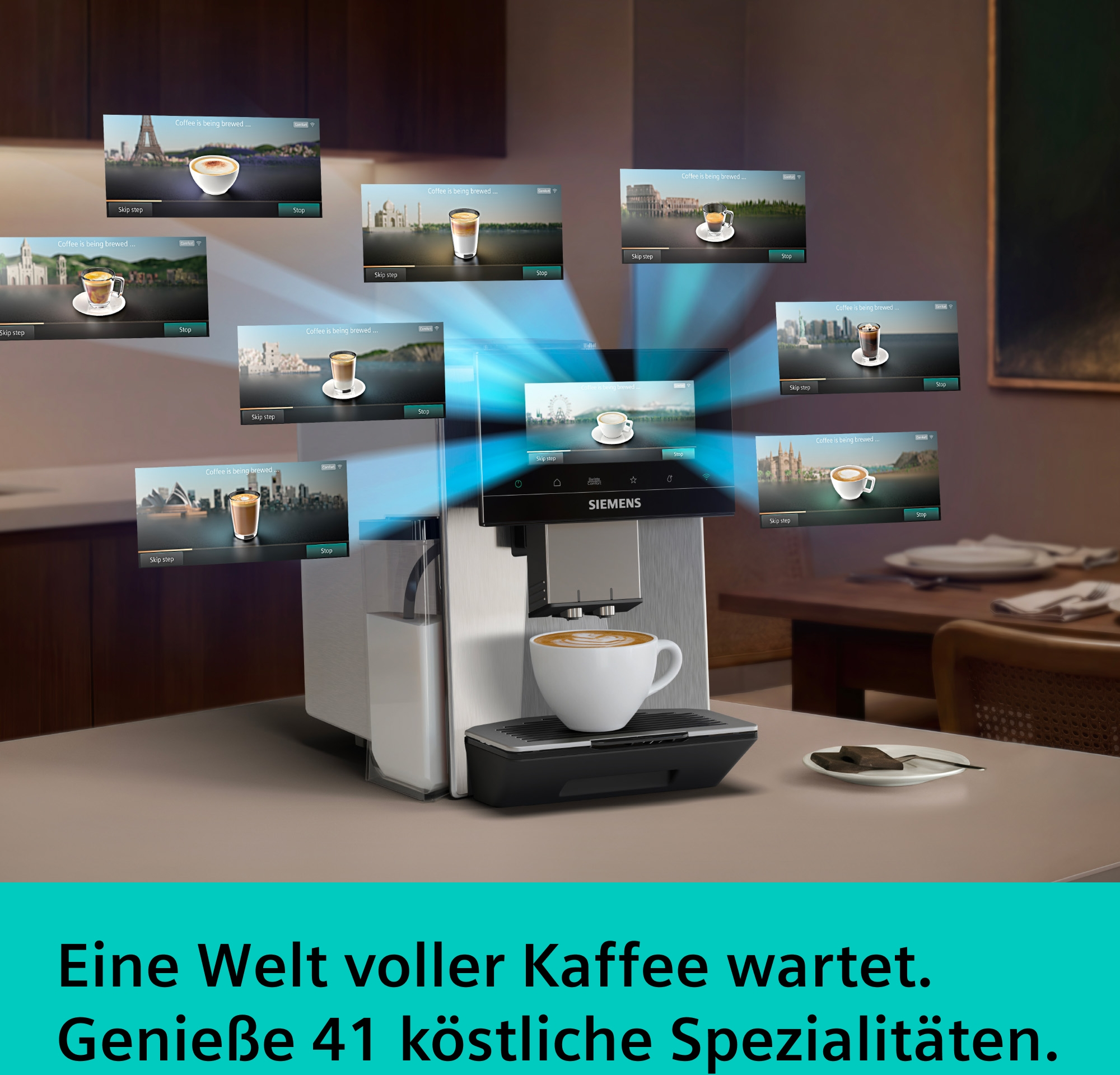 Kaffeemaschine mit Touchscreen zeigt Weltstädte und Kaffee an.