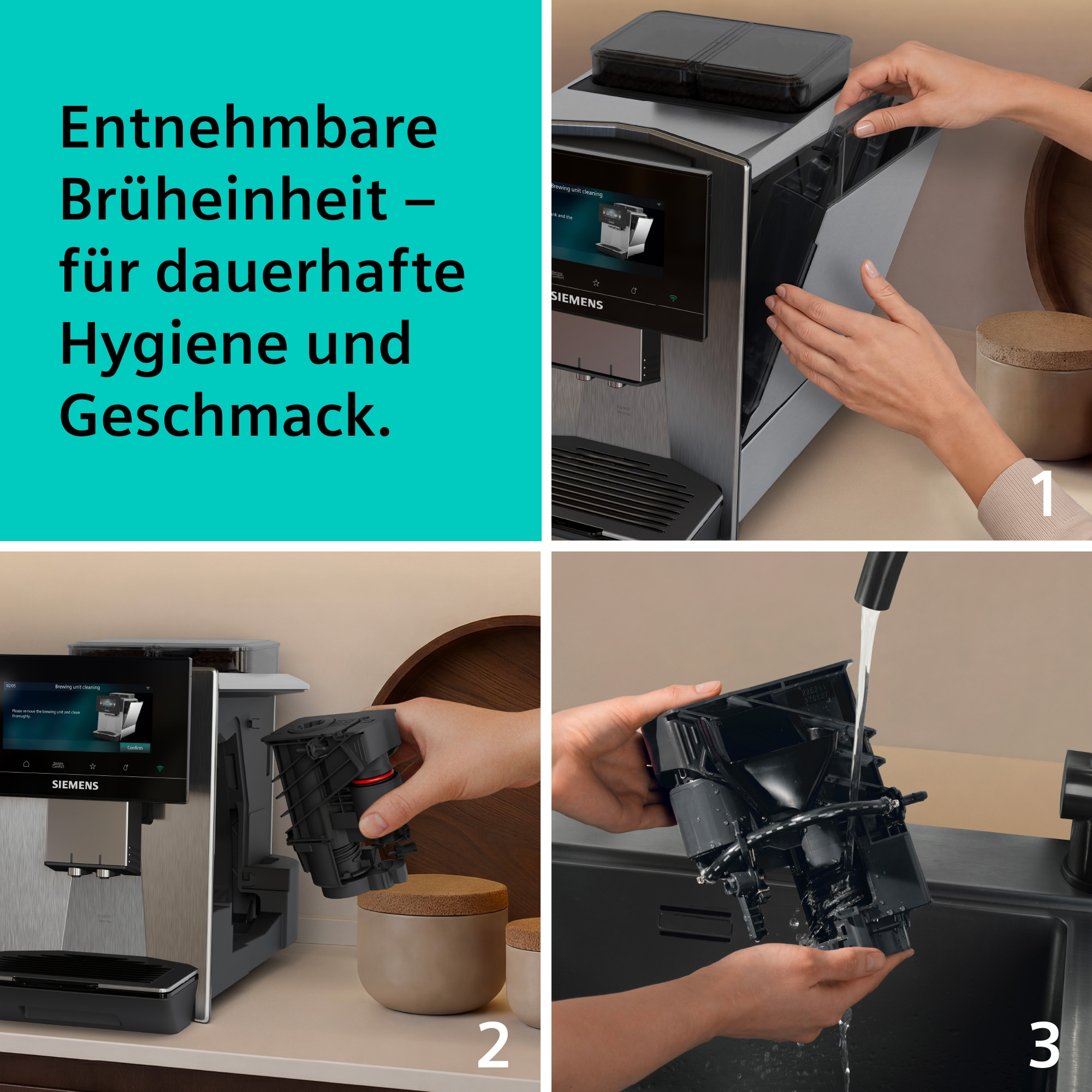 Eine Kaffeemaschine mit entnehmbarer Brüheinheit wird gezeigt.