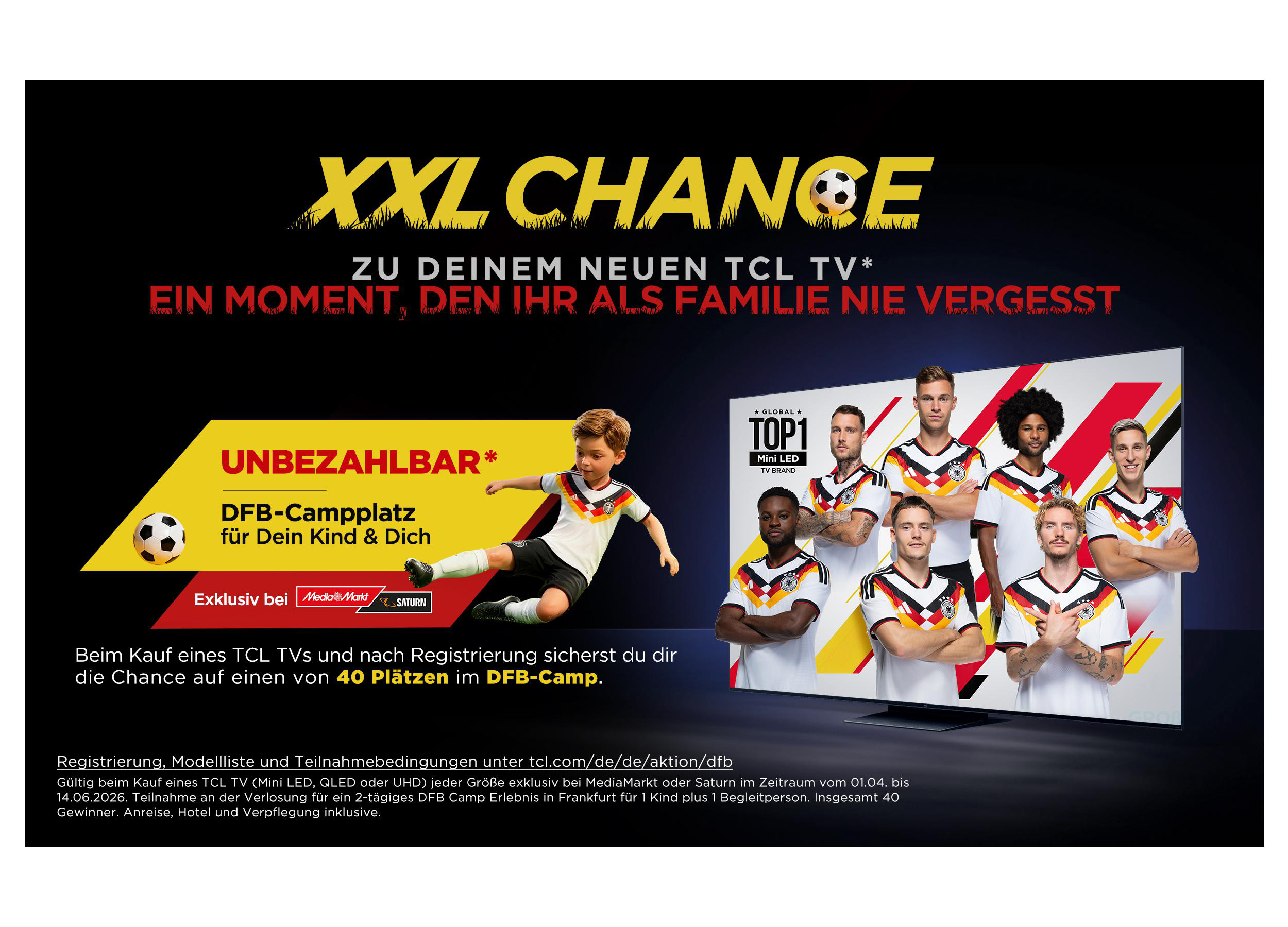 XXL Chance: Junge in DFB-Trikot jubelt, Spieler auf TV. Exklusiv bei MediaMarkt/Saturn.