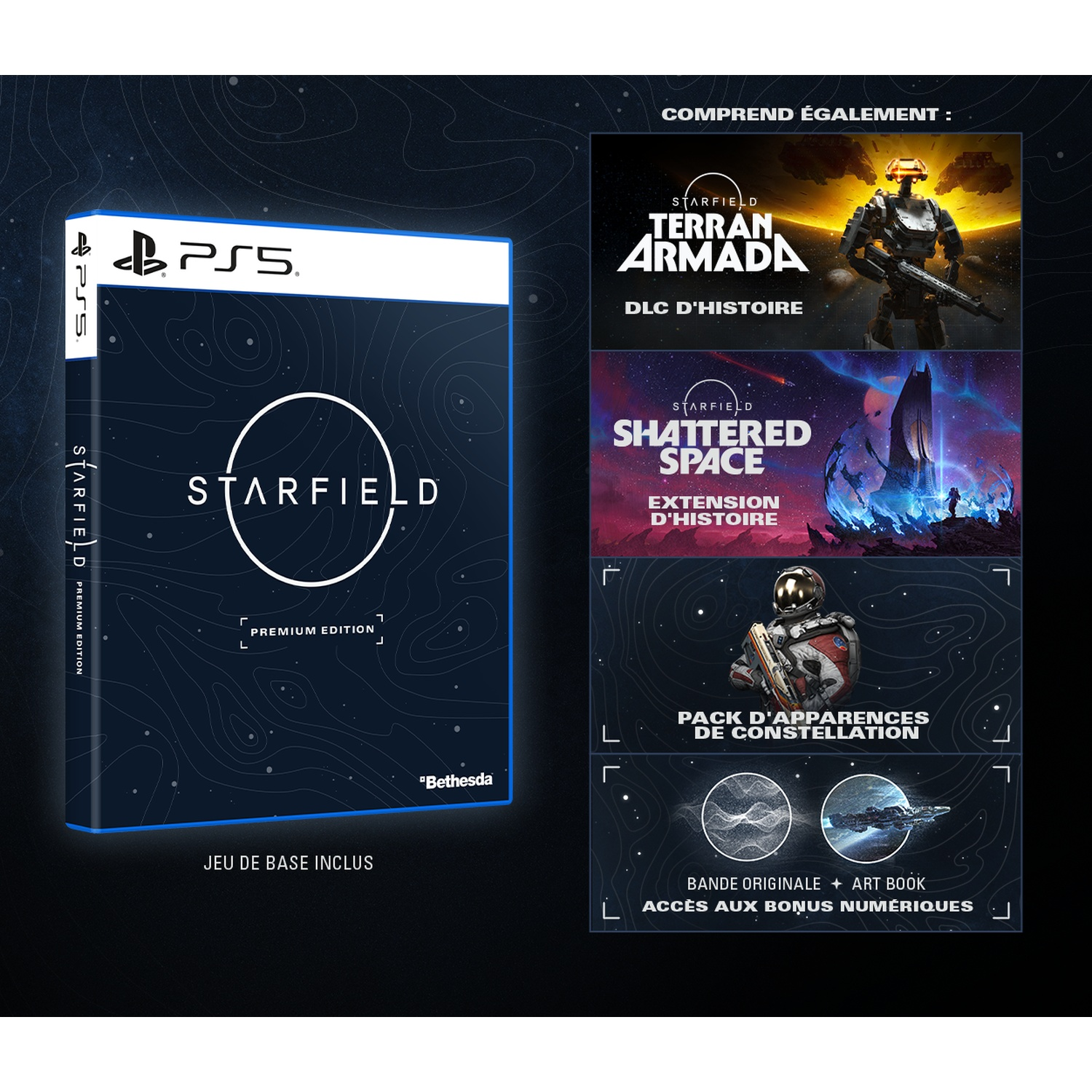 Boîtier Starfield Premium Edition PS5 avec contenu du jeu : DLC, skins, artbook.