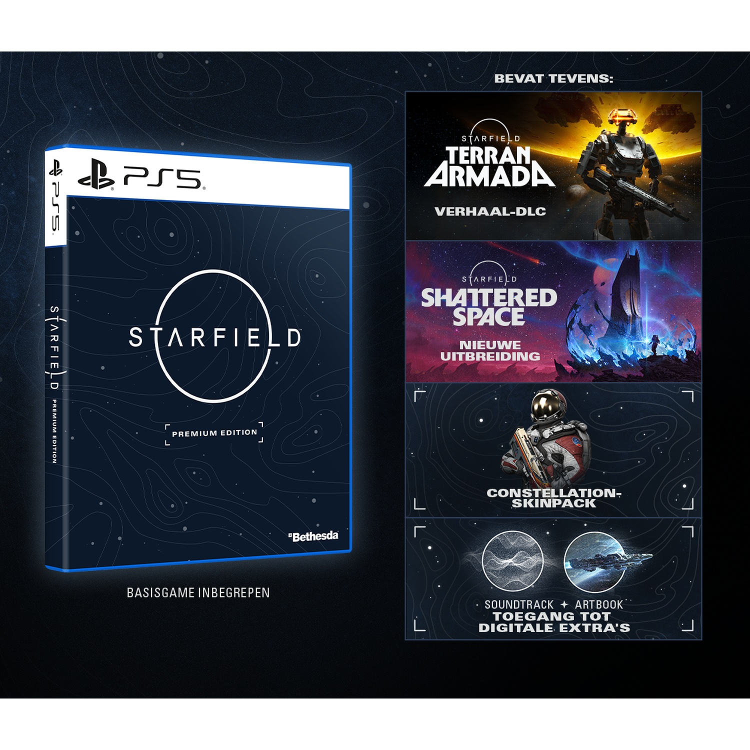 Jeu PS5 "Starfield Premium Edition" avec contenus : Terran Armada, Shattered Space, Skinpack, Bande son et livre d'art.