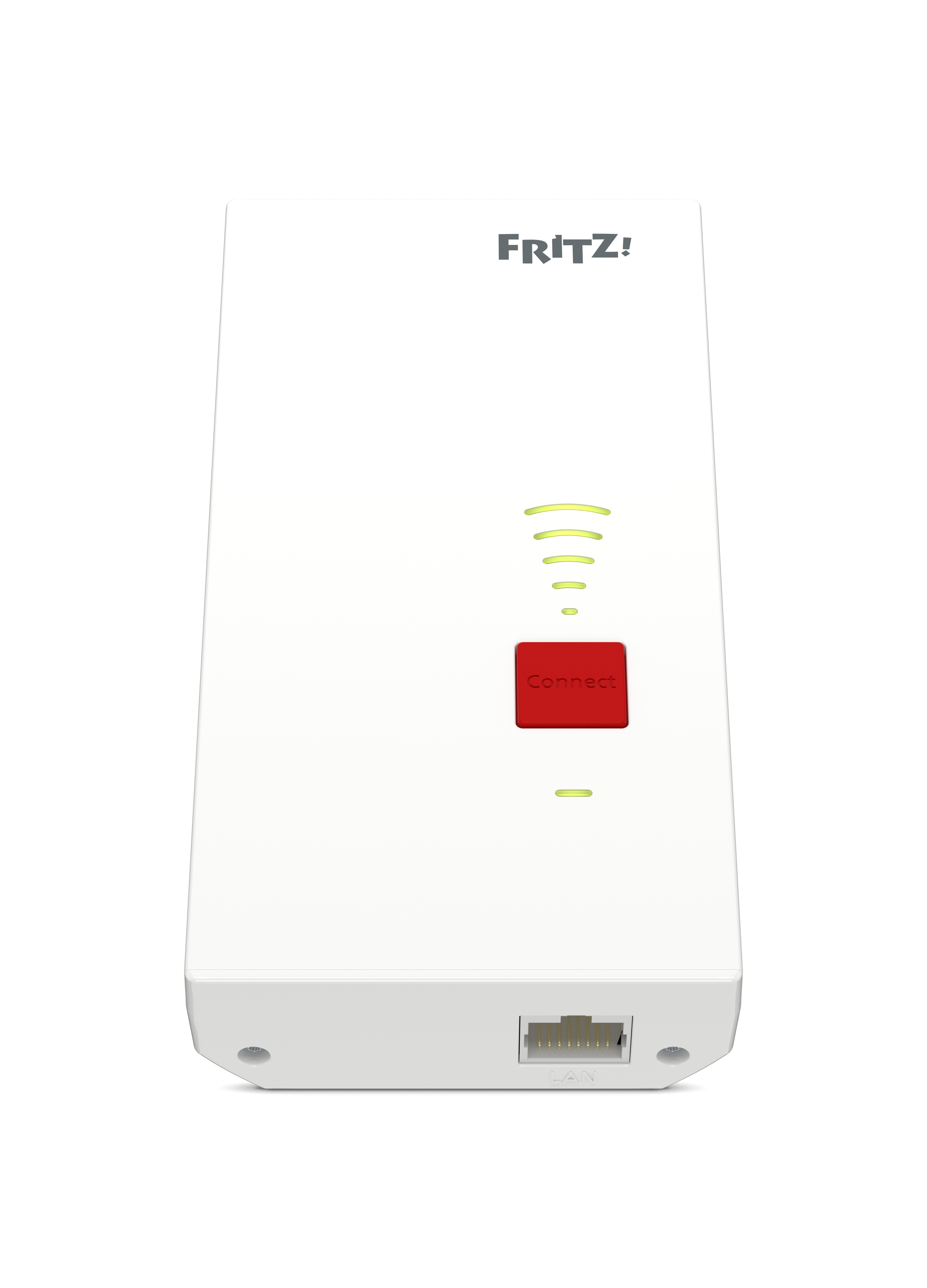 Ein weißes FRITZ!Powerline-Gerät mit rotem Connect-Knopf und WLAN-Symbol.