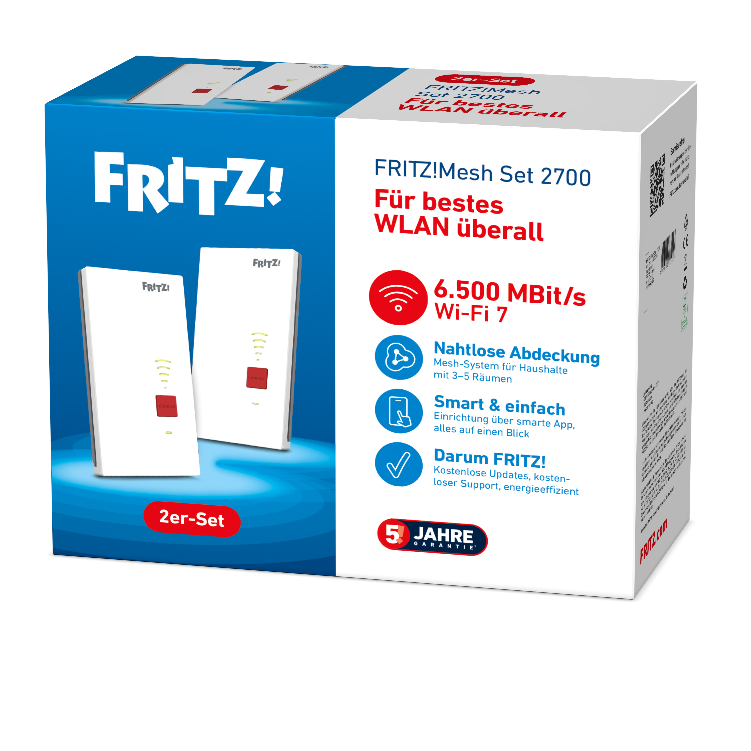 FRITZ!Mesh Set 2700: Zwei weiße Mesh-Geräte mit roten Connect-Buttons auf blauem Karton.