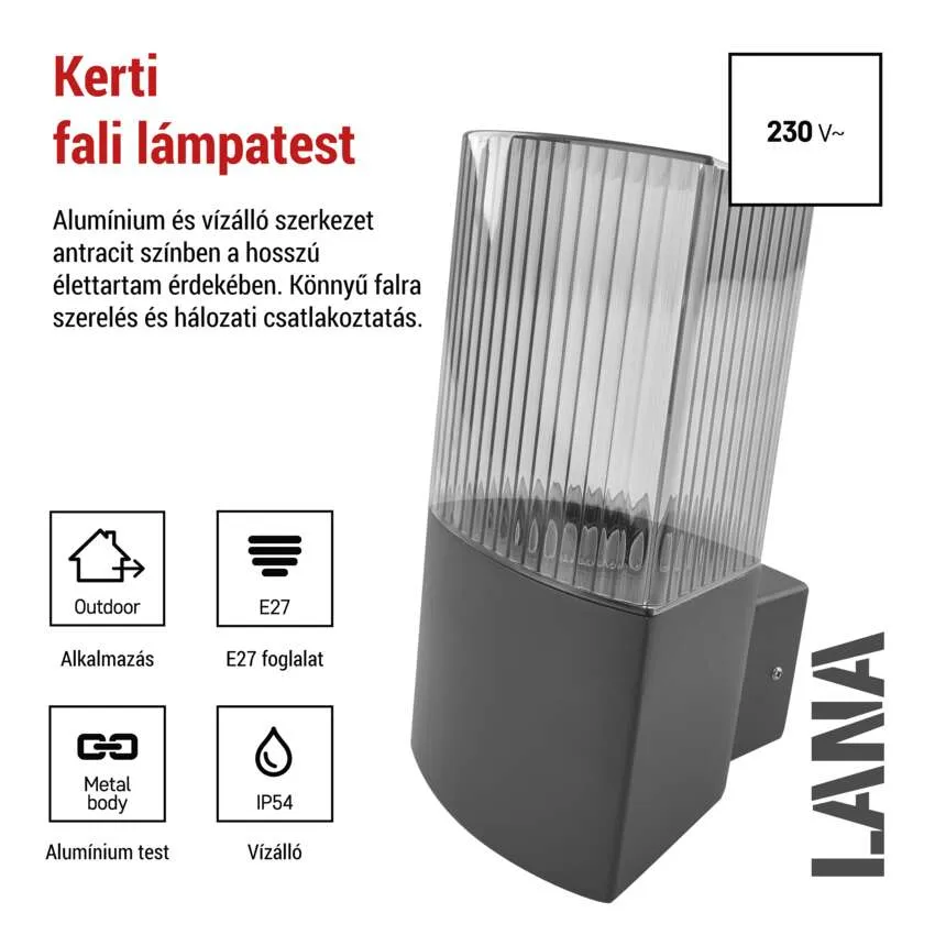 Szürke kültéri fali lámpa átlátszó, bordázott búrával. E27 foglalat, IP54 védettség.