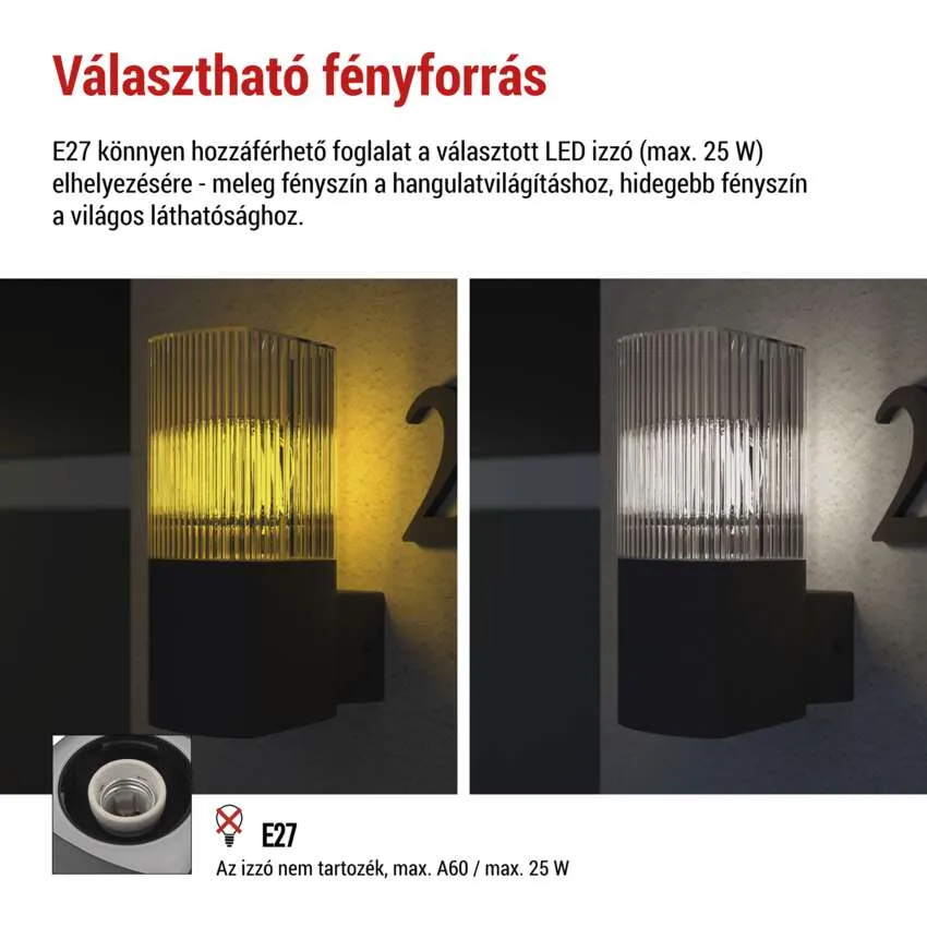 Üveghengeres fali lámpa, meleg és hideg fény. E27 foglalat, max. 25W.