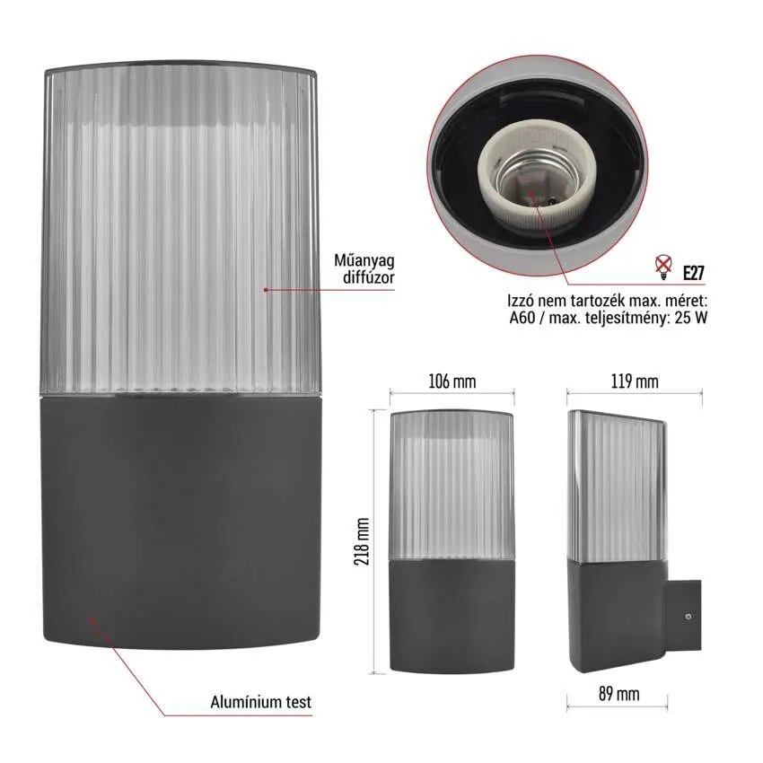 Sötétszürke kültéri lámpa bordázott diffúzorral. Méretek: 218x106x89mm.