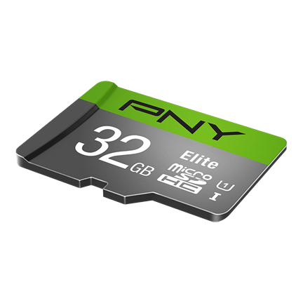 PNY Elite 32GB microSDHC-Karte mit grünen Akzenten auf schwarzem Hintergrund.