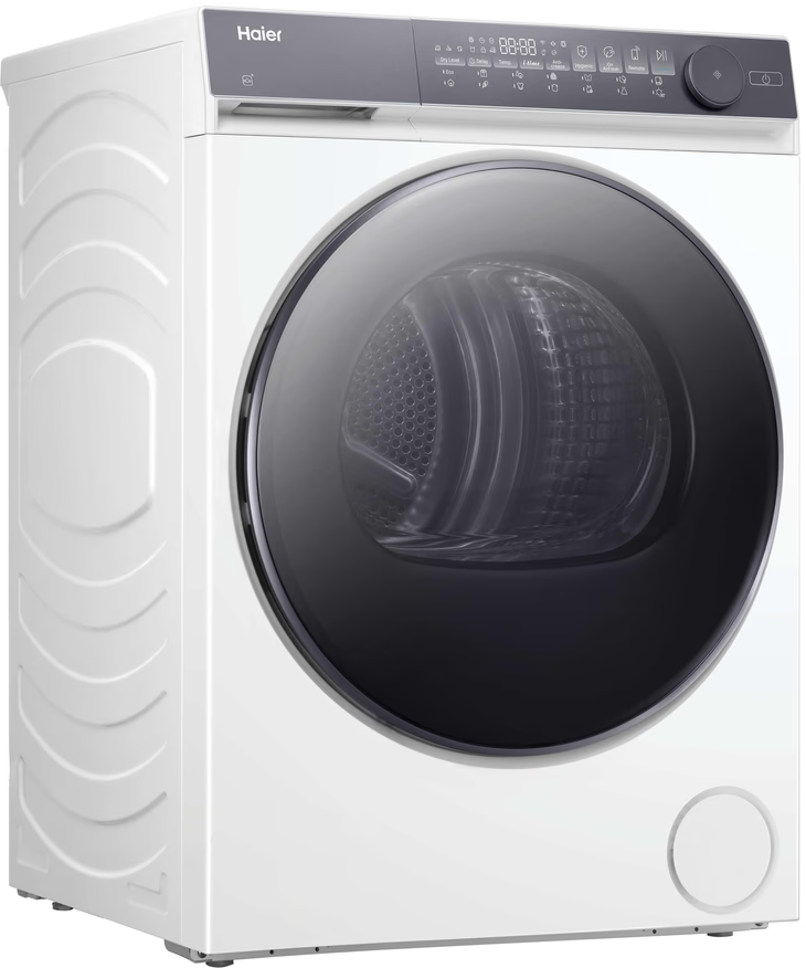 Ein weißer Haier-Trockner mit einer großen, dunklen, runden Tür und digitalem Bedienfeld.