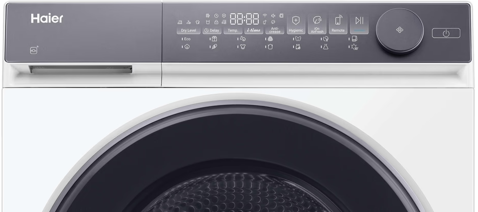 Haier-Waschmaschine mit digitalem Display, Bedienelementen und runder Trommel.
