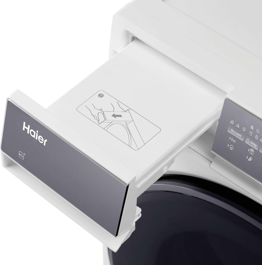 Ein ausziehbarer Behälter mit Haier-Logo und einer Anleitung zum Herausnehmen.