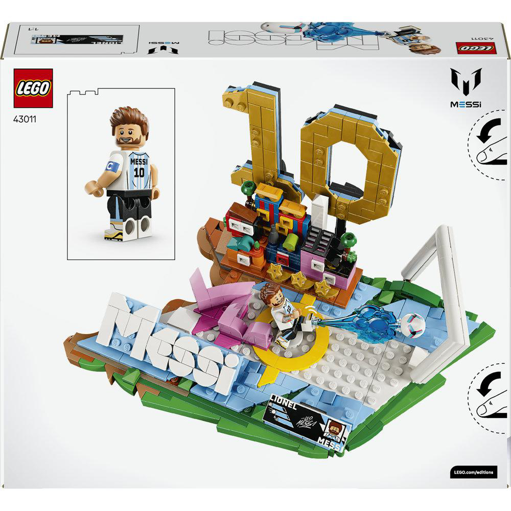 LEGO Messi Set mit Figur, Tor und der Zahl 10 auf einem Sockel.